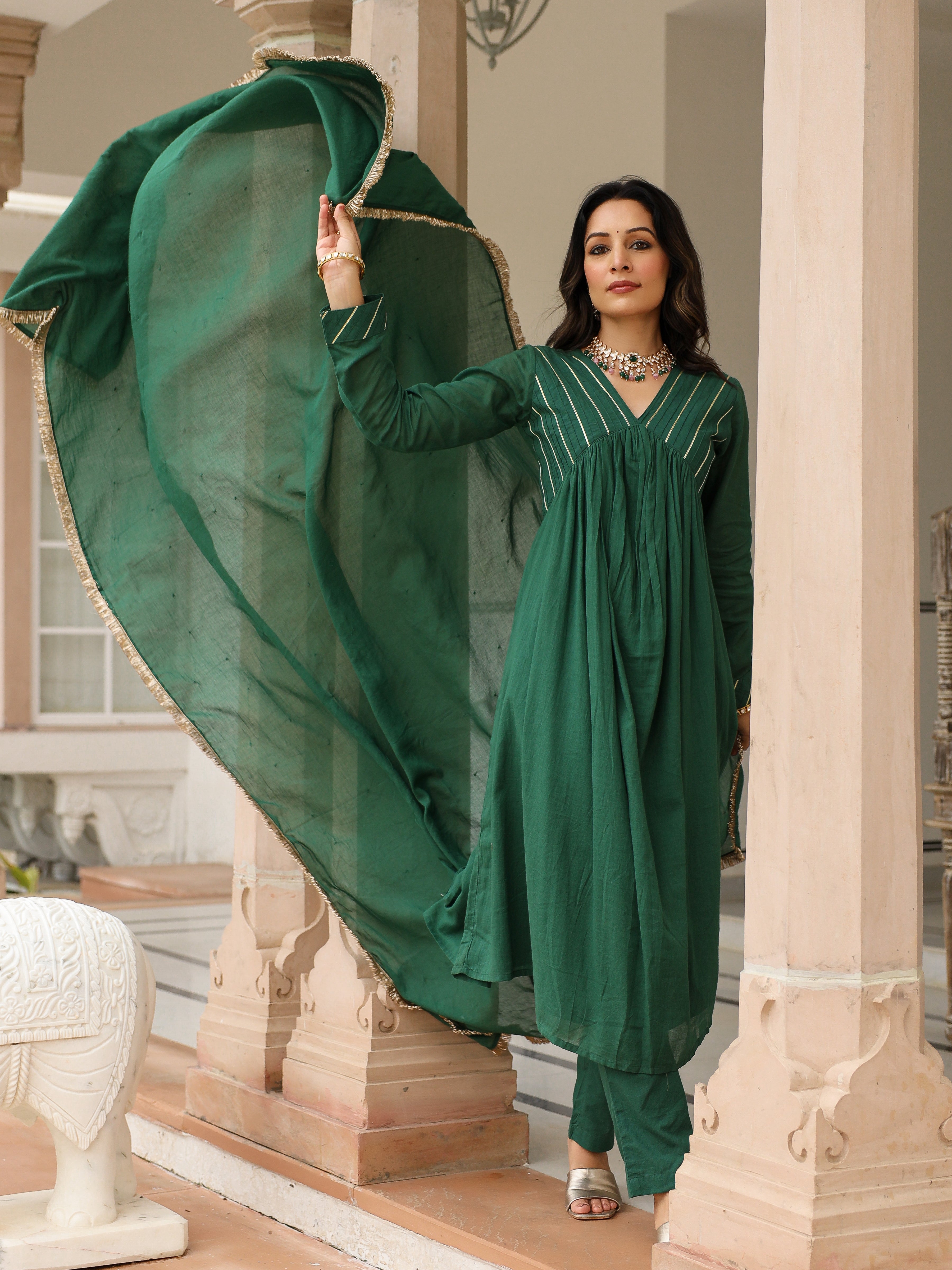 Bottle green mulmul cotton anarkali kurta set with trousers and dupatta