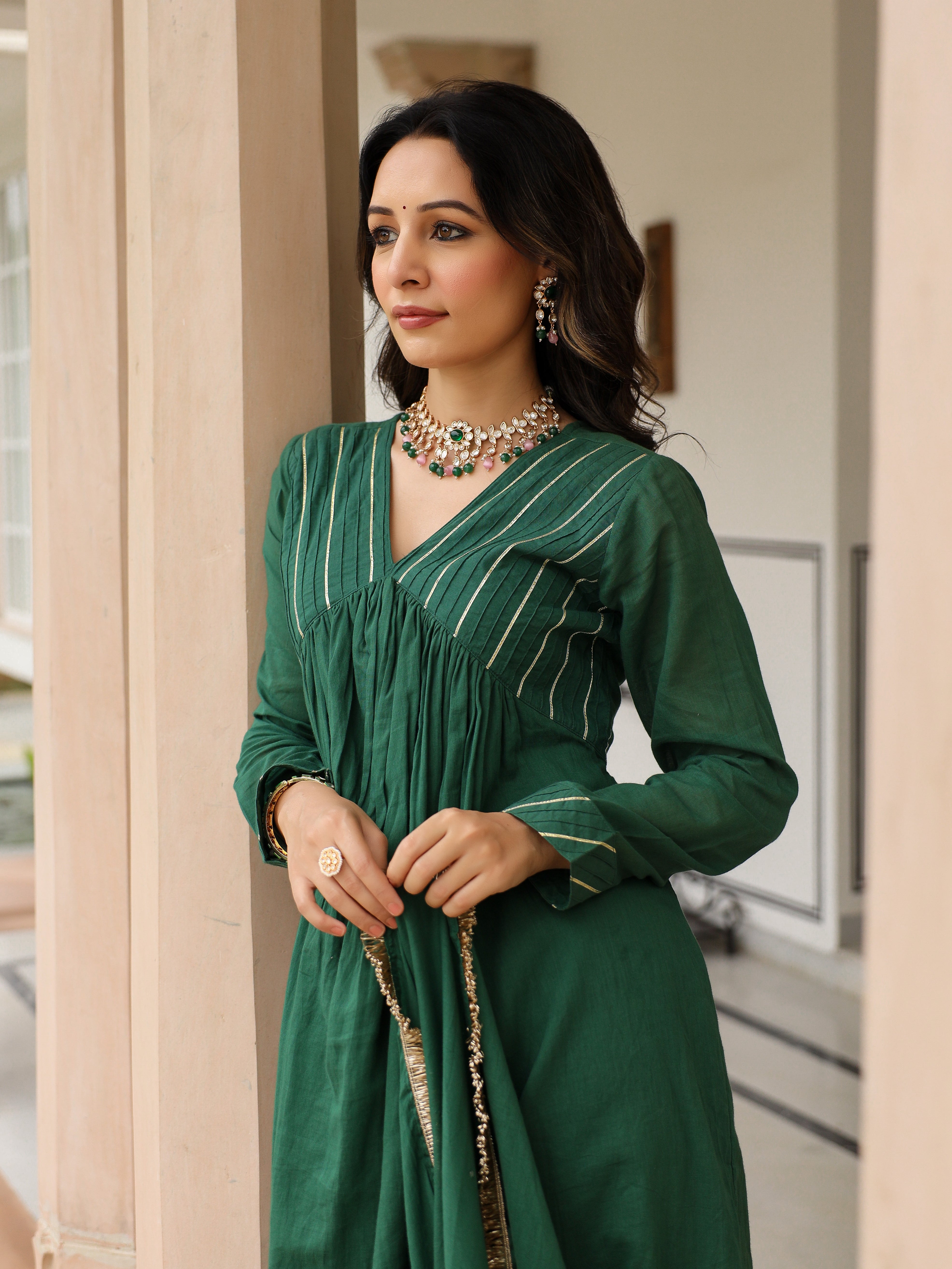 Bottle green mulmul cotton anarkali kurta set with trousers and dupatta