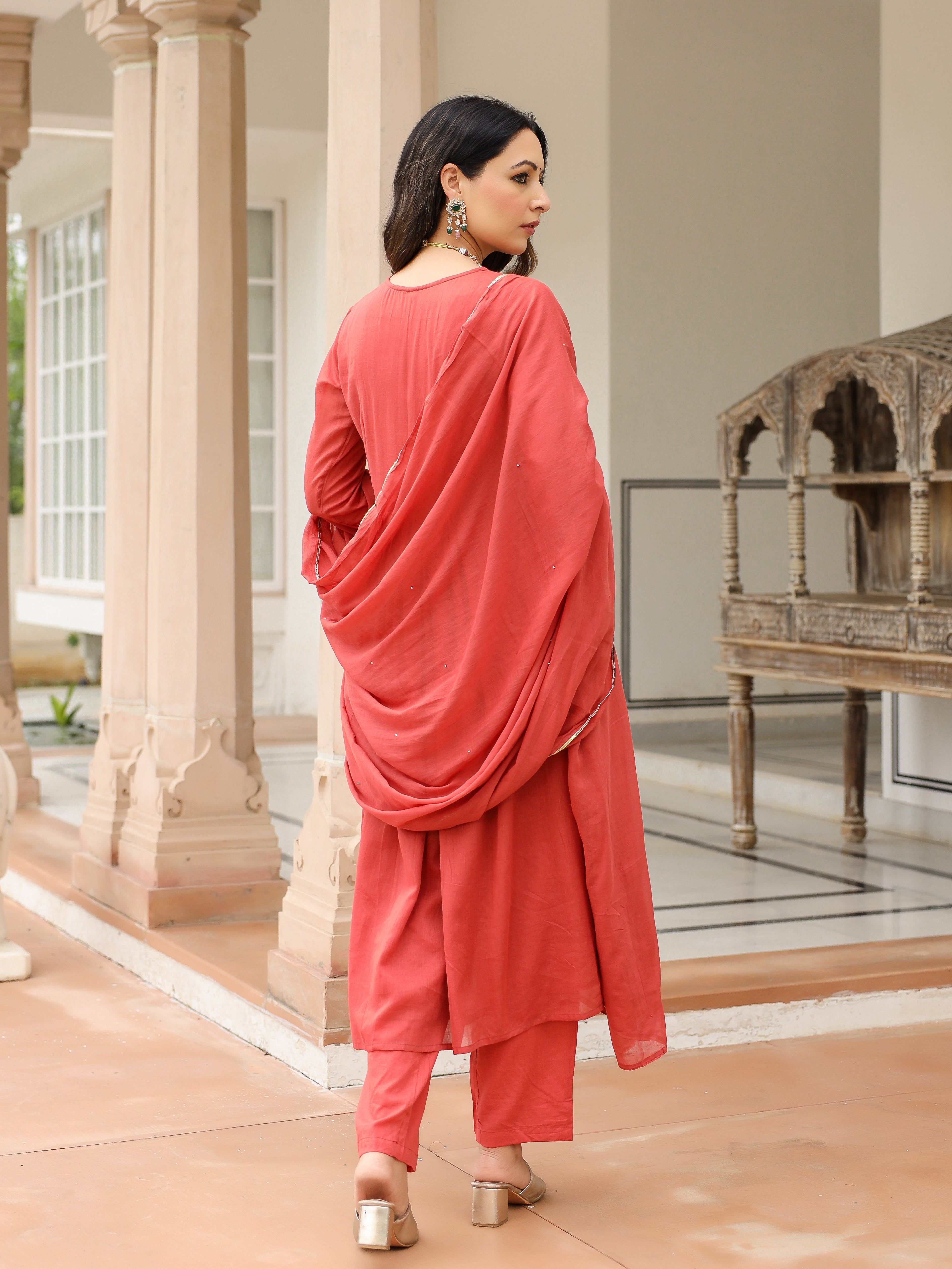 Dusty red mulmul cotton anarkali kurta set with trousers and dupatta