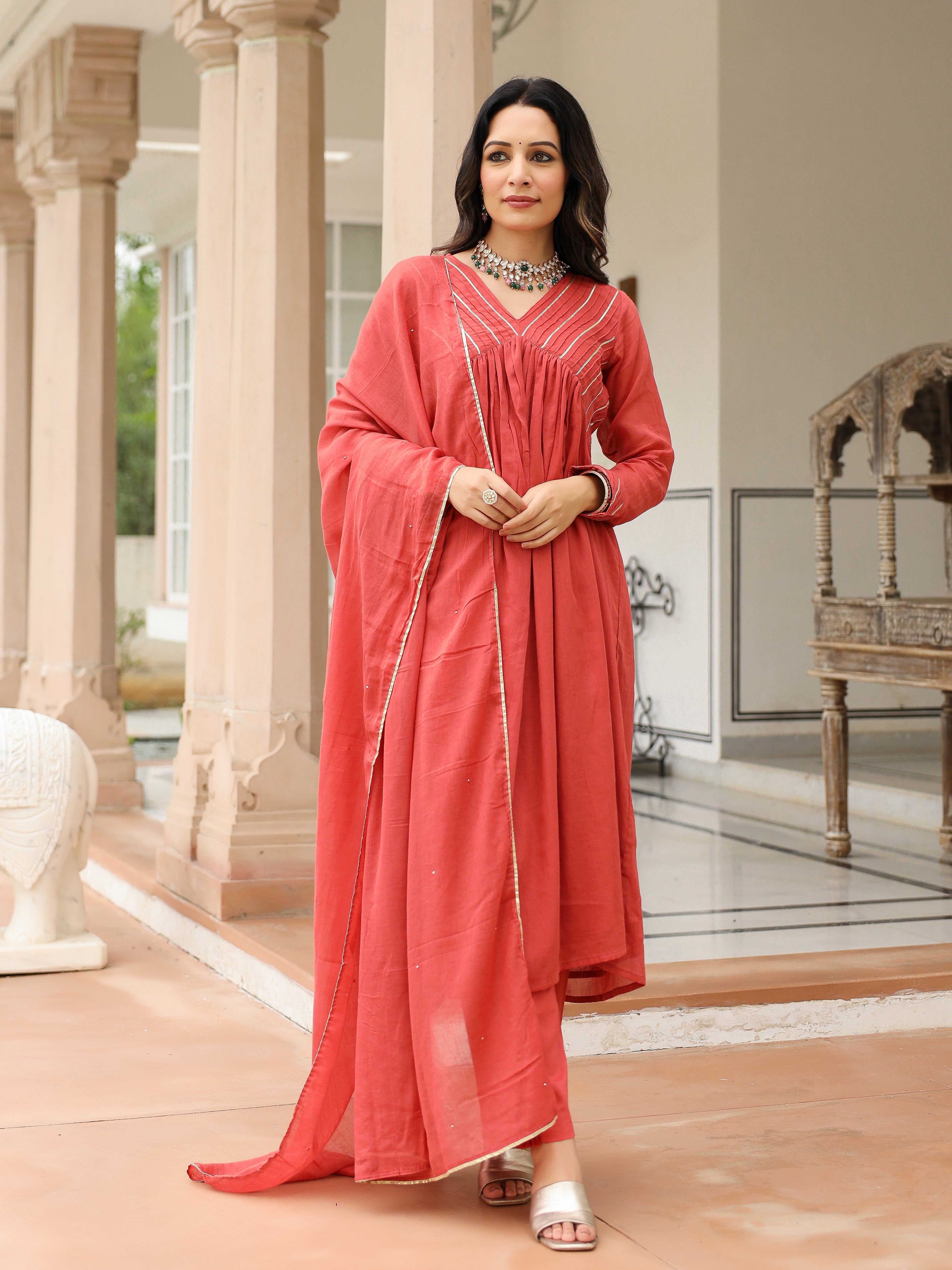 Dusty red mulmul cotton anarkali kurta set with trousers and dupatta