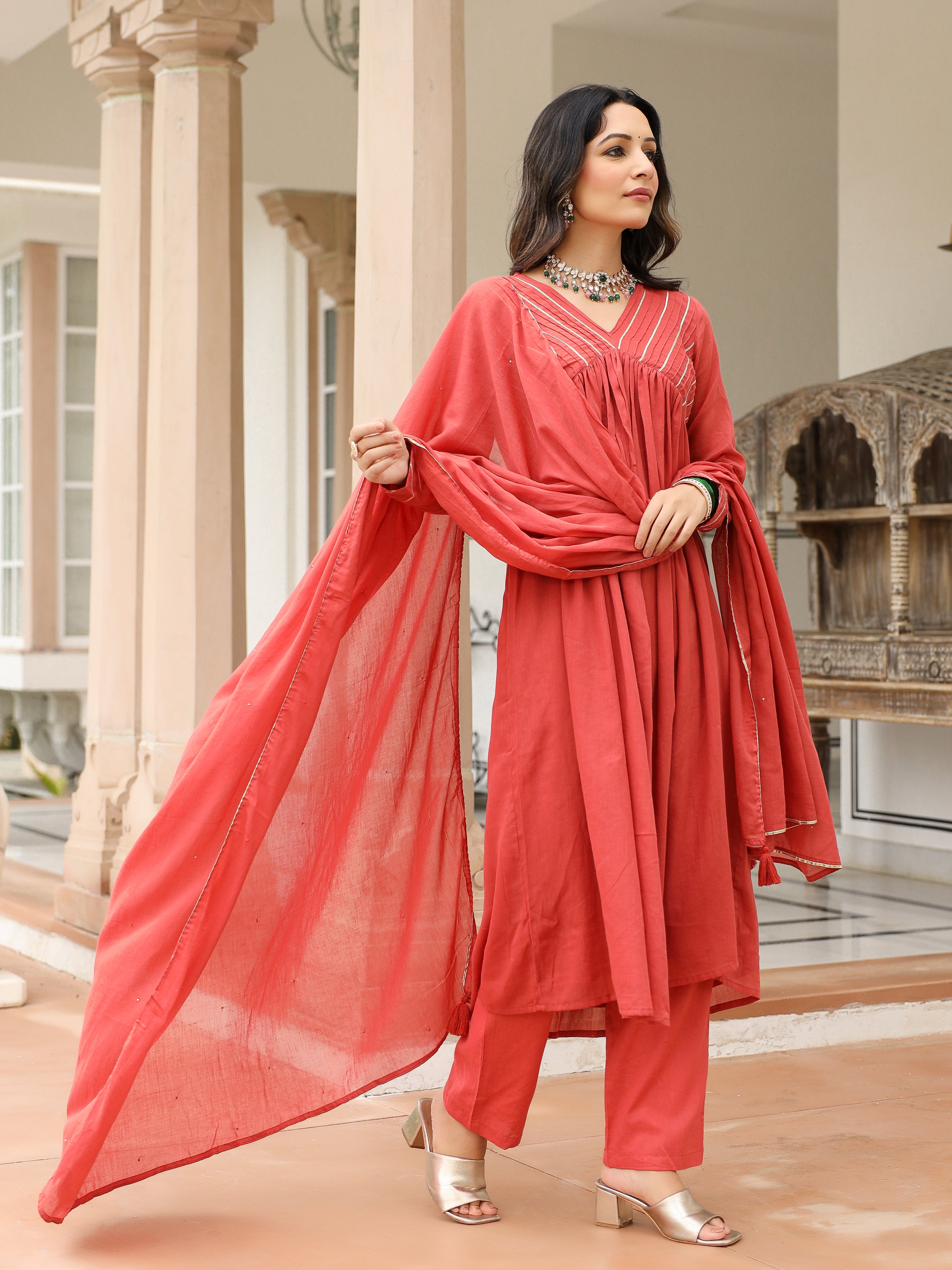 Dusty red mulmul cotton anarkali kurta set with trousers and dupatta