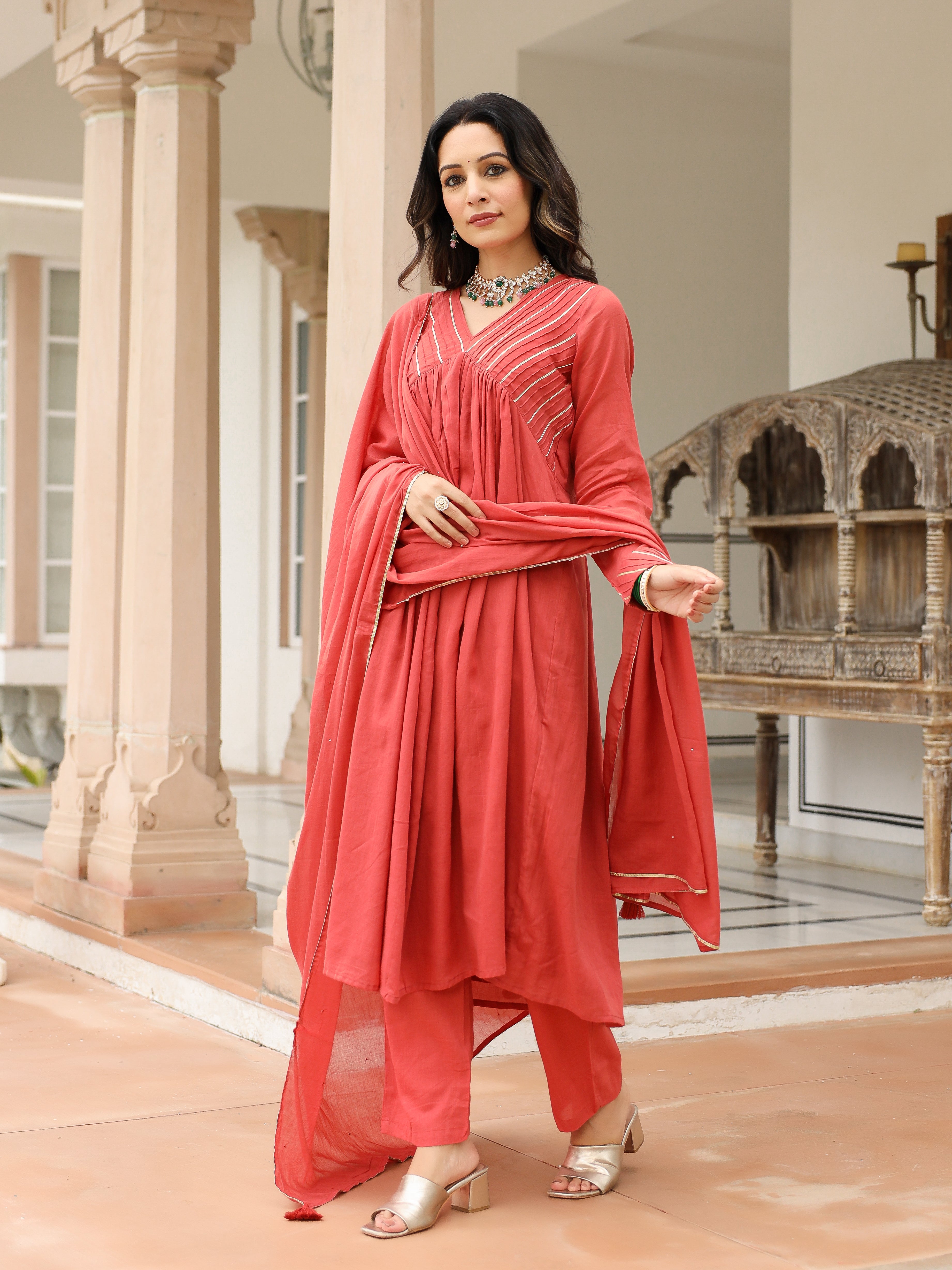 Dusty red mulmul cotton anarkali kurta set with trousers and dupatta