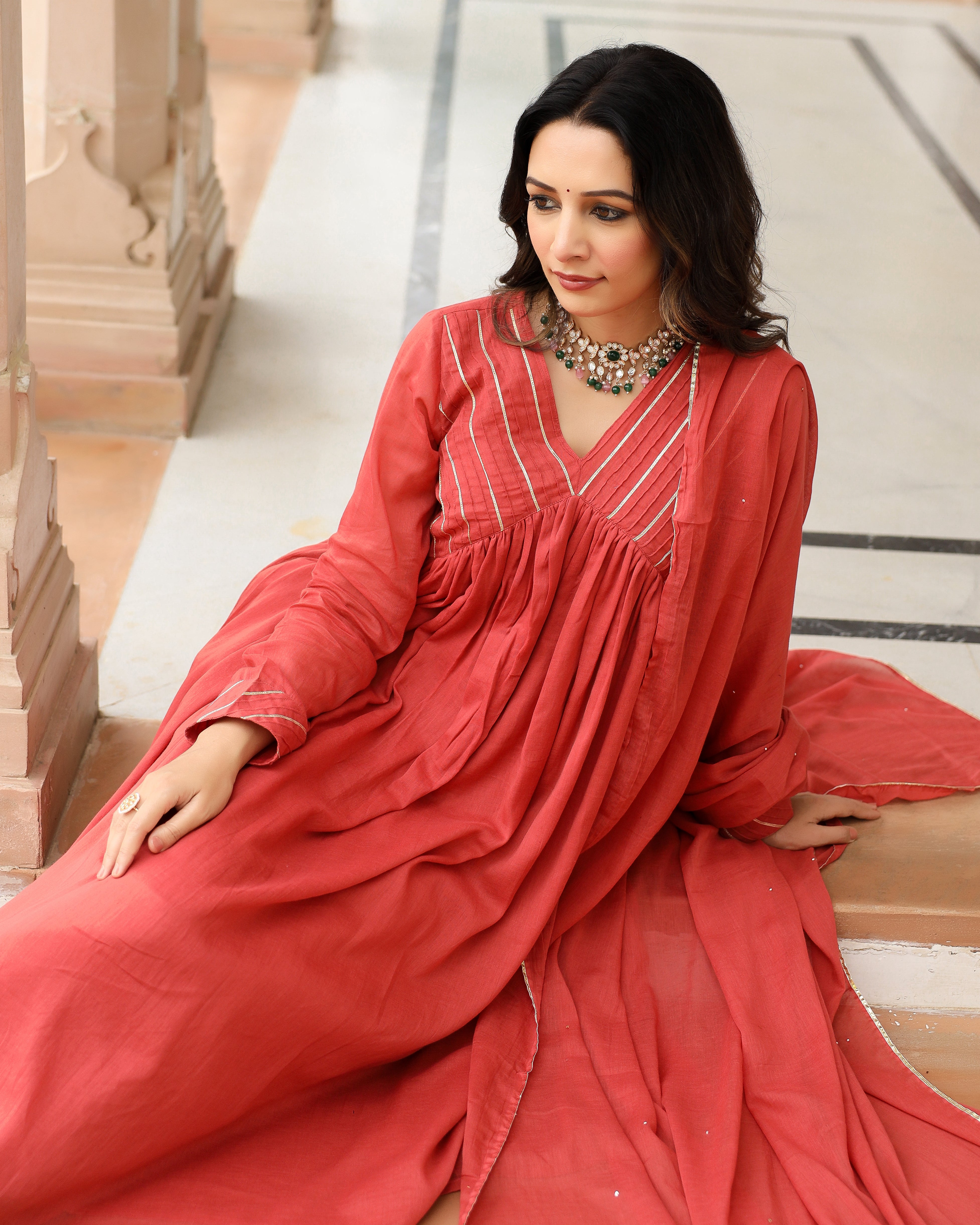 Dusty red mulmul cotton anarkali kurta set with trousers and dupatta