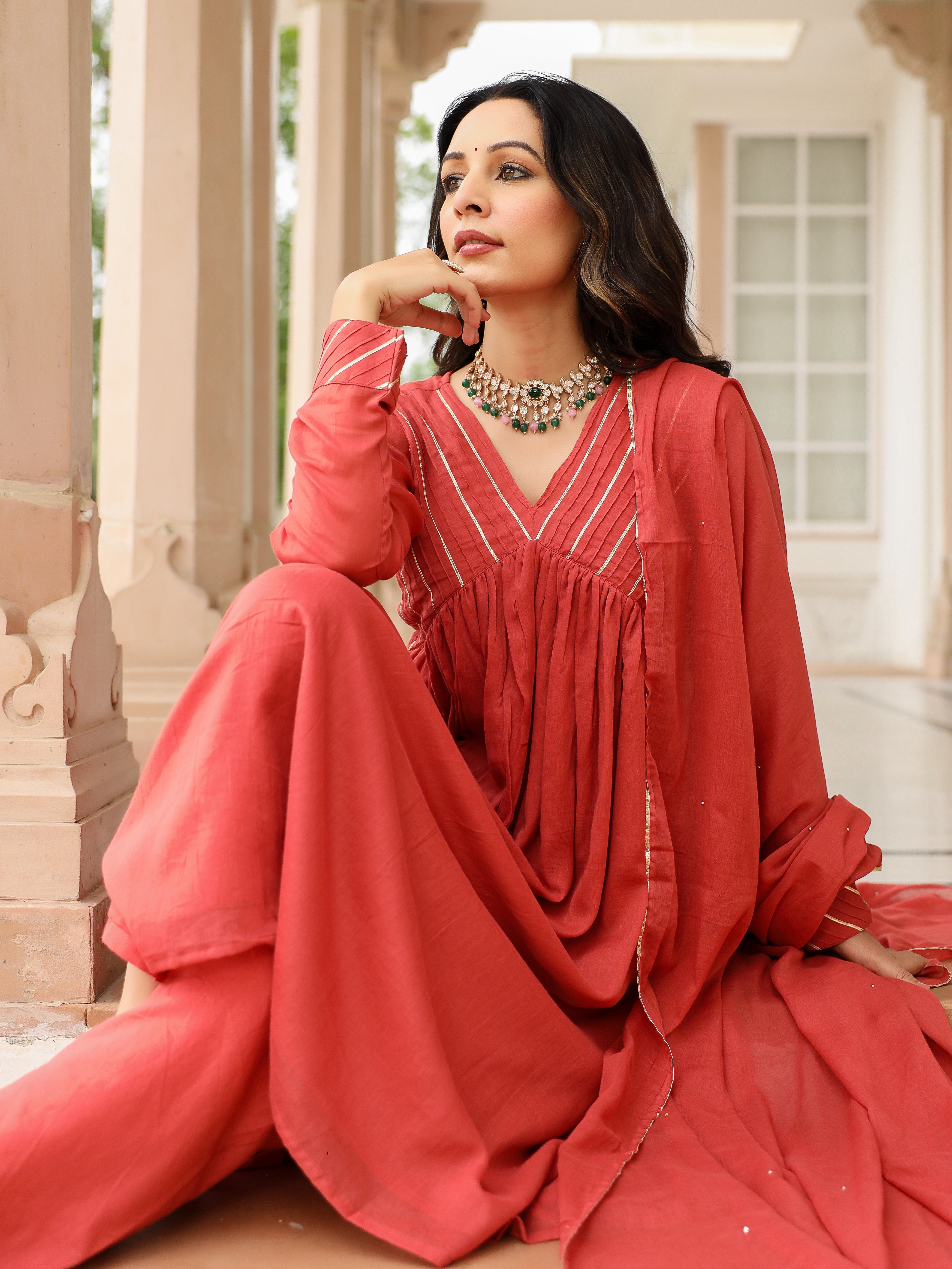 Dusty red mulmul cotton anarkali kurta set with trousers and dupatta