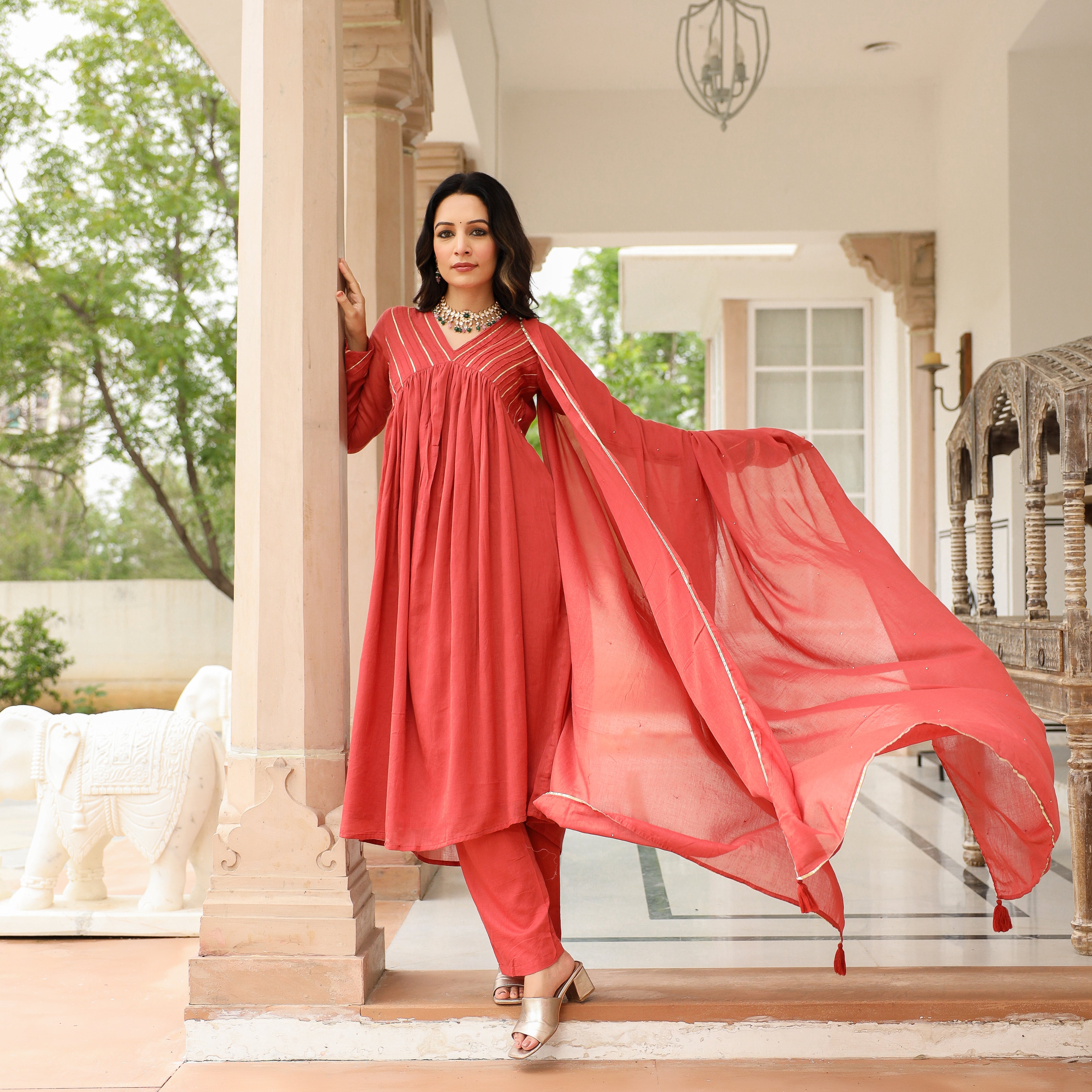 Dusty red mulmul cotton anarkali kurta set with trousers and dupatta