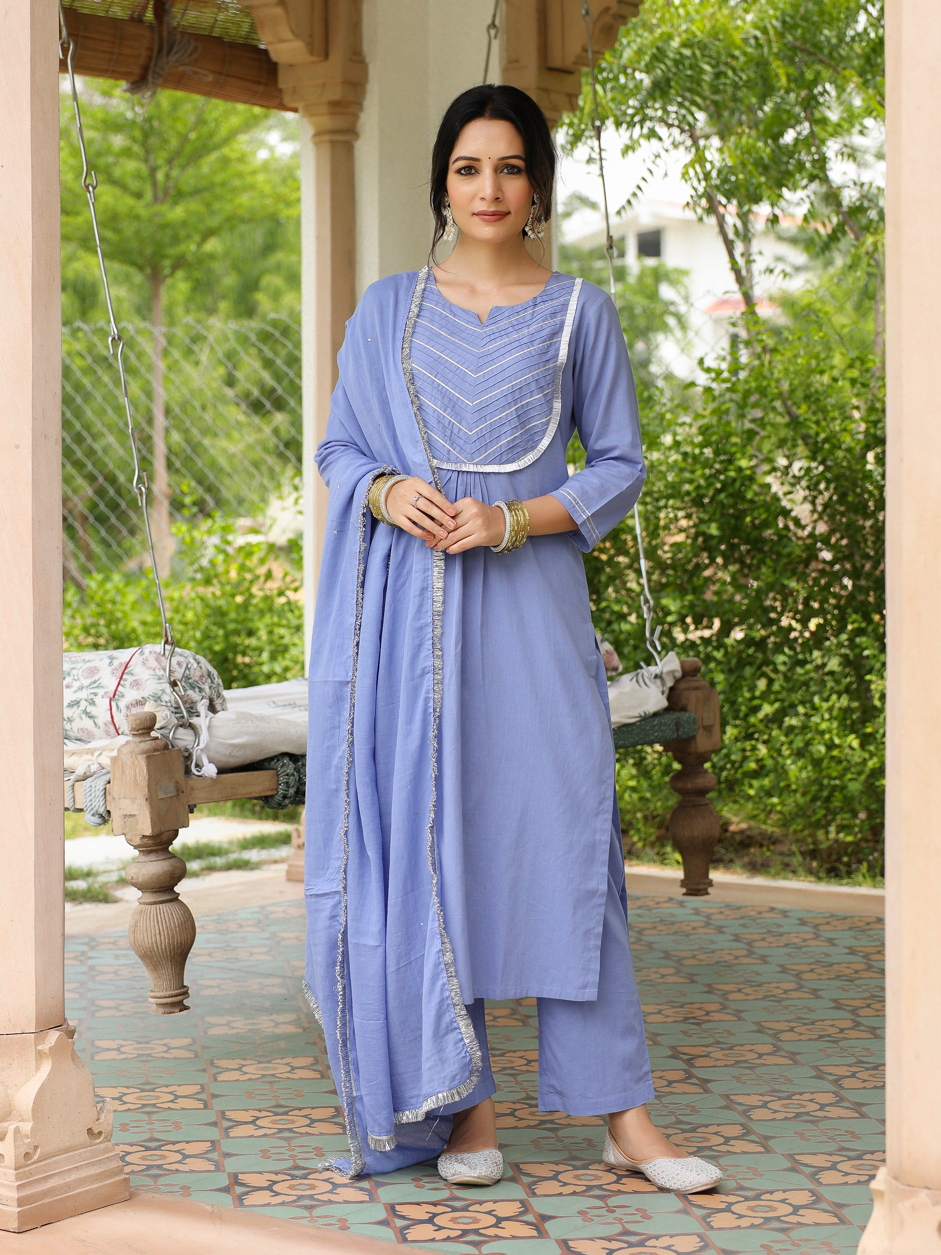 Lavender Blue mulmul cotton kurta set with trousers and dupatta