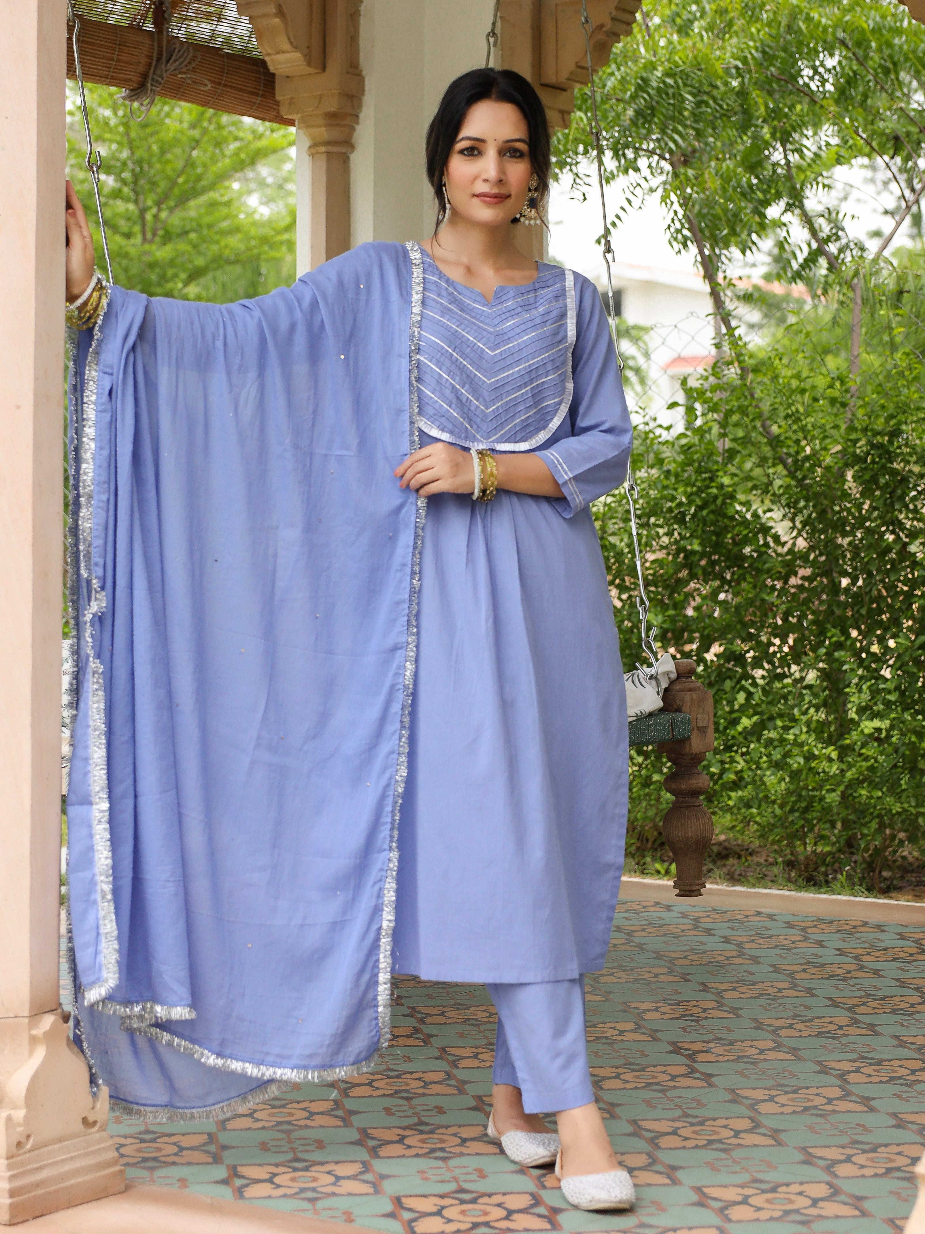 Lavender Blue mulmul cotton kurta set with trousers and dupatta