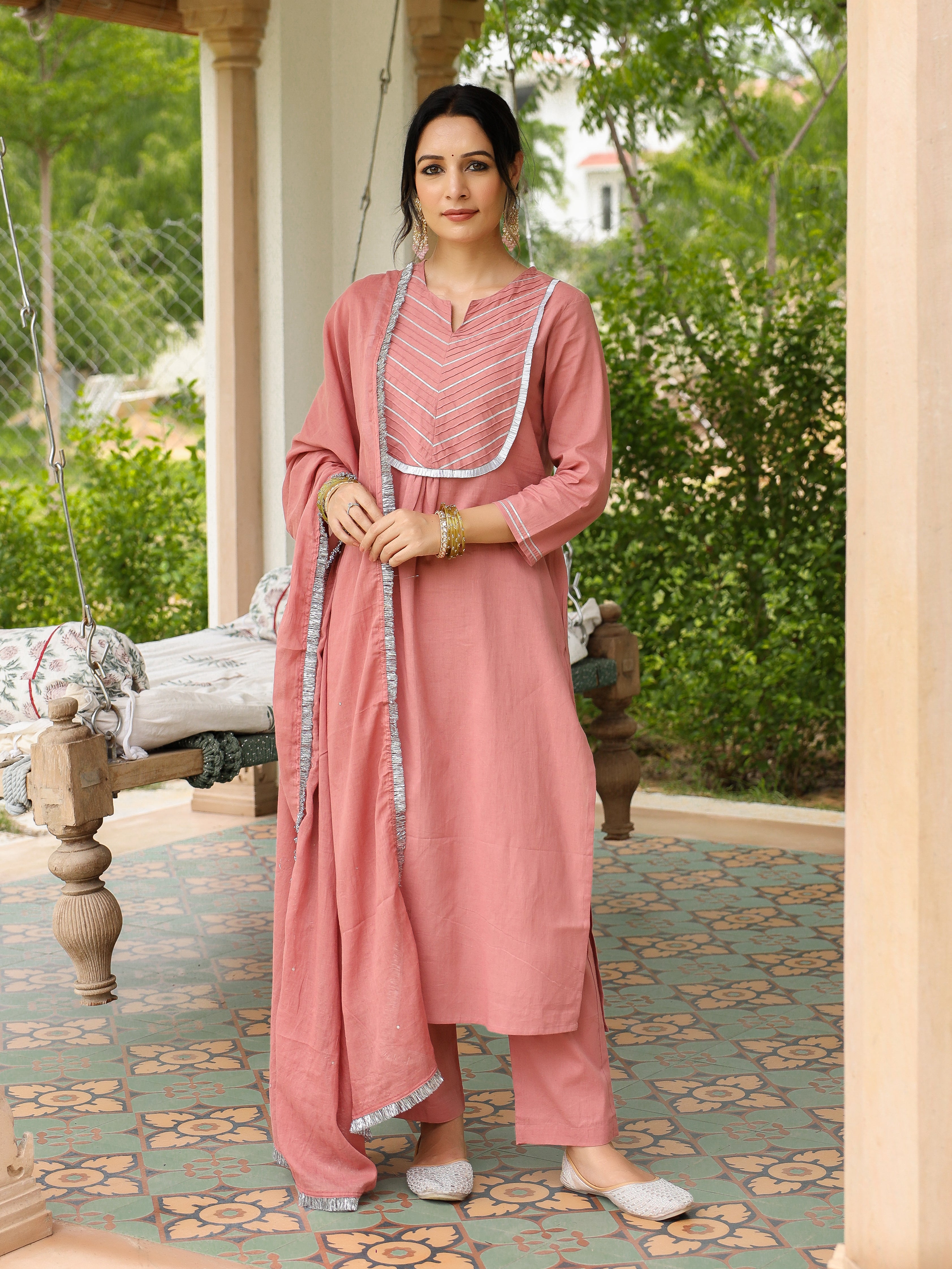 Dusty Pink mulmul cotton kurta set with trousers and dupatta