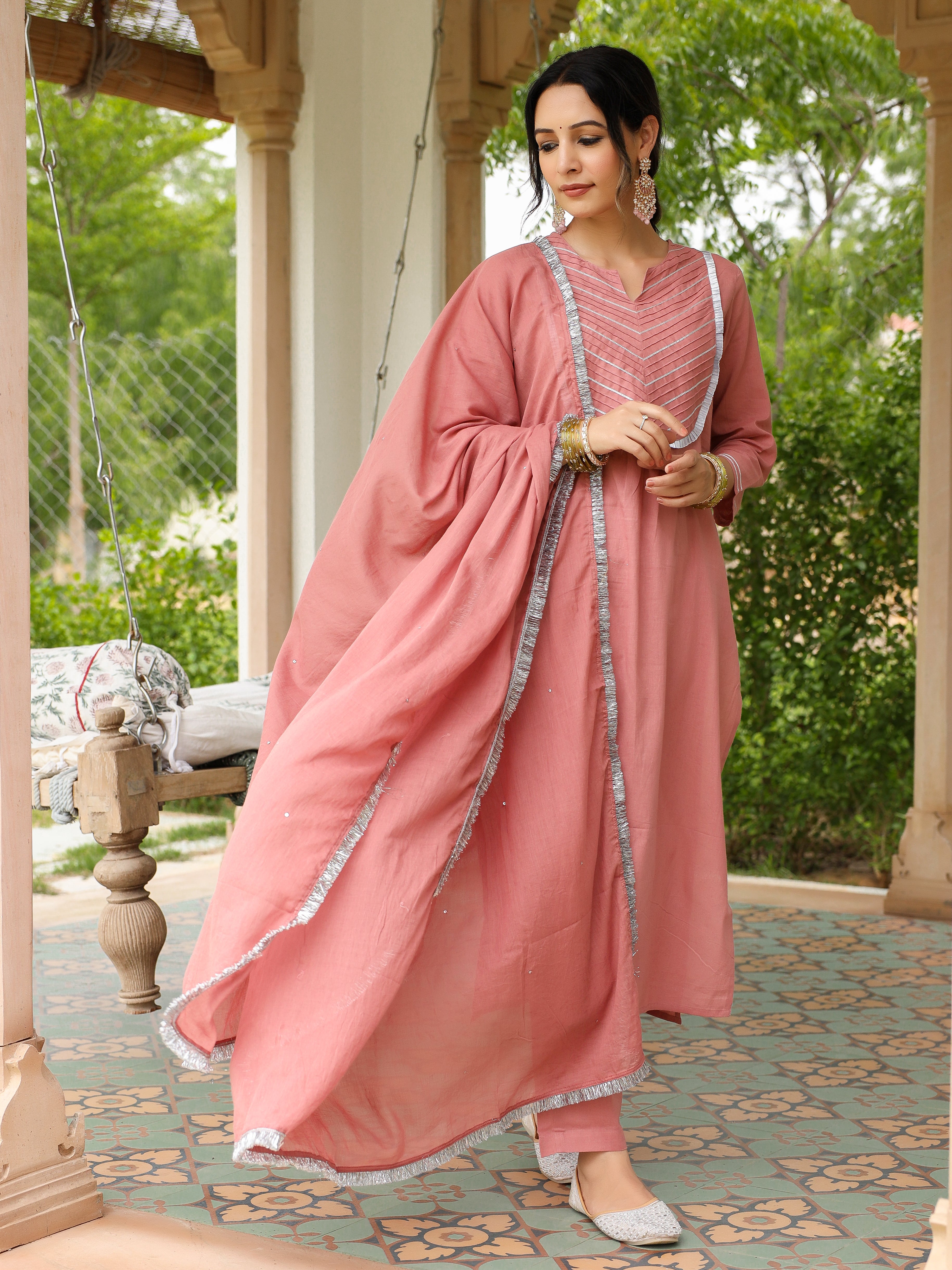 Dusty Pink mulmul cotton kurta set with trousers and dupatta