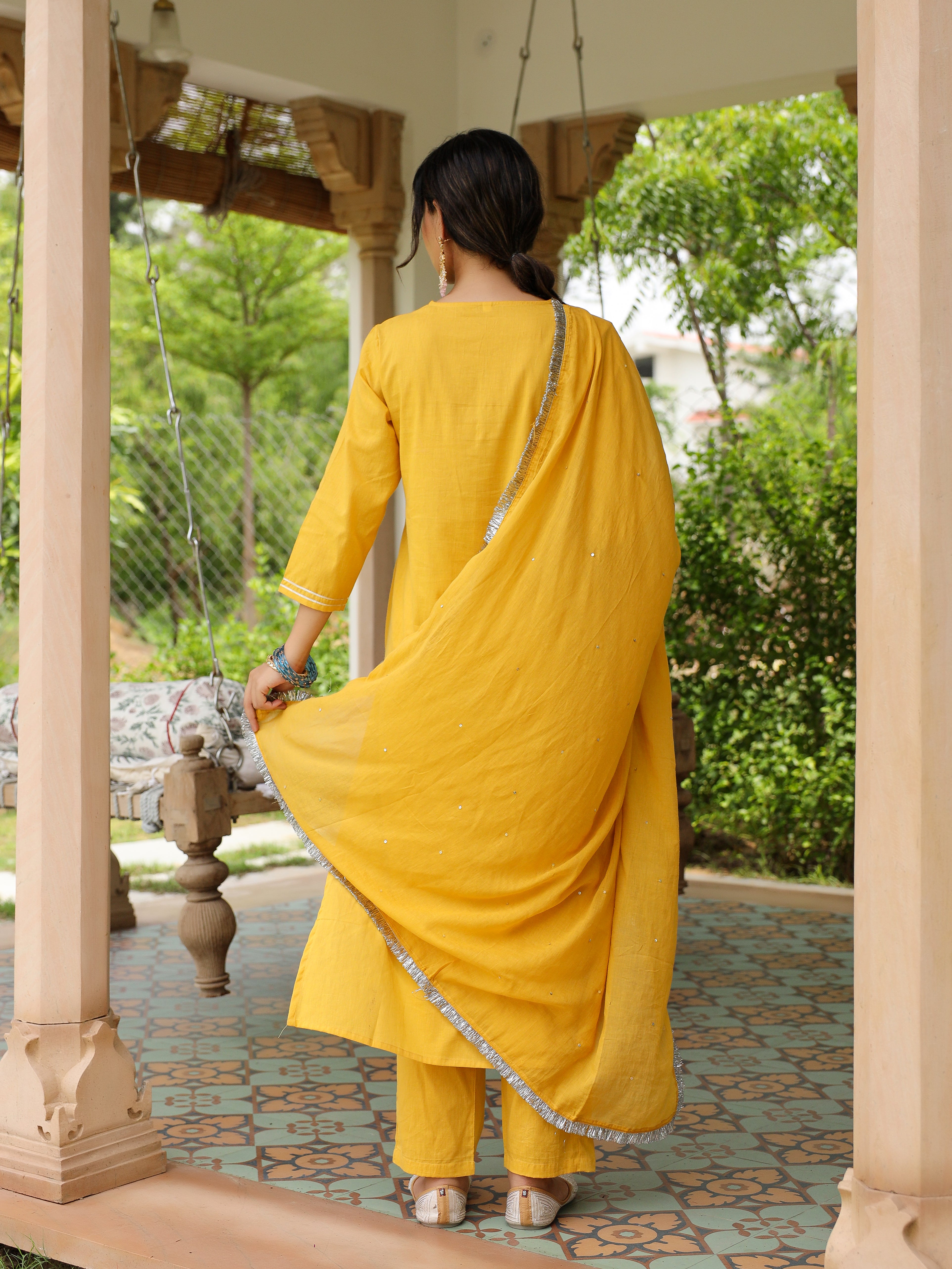 Mustard mulmul cotton kurta set with trousers and dupatta