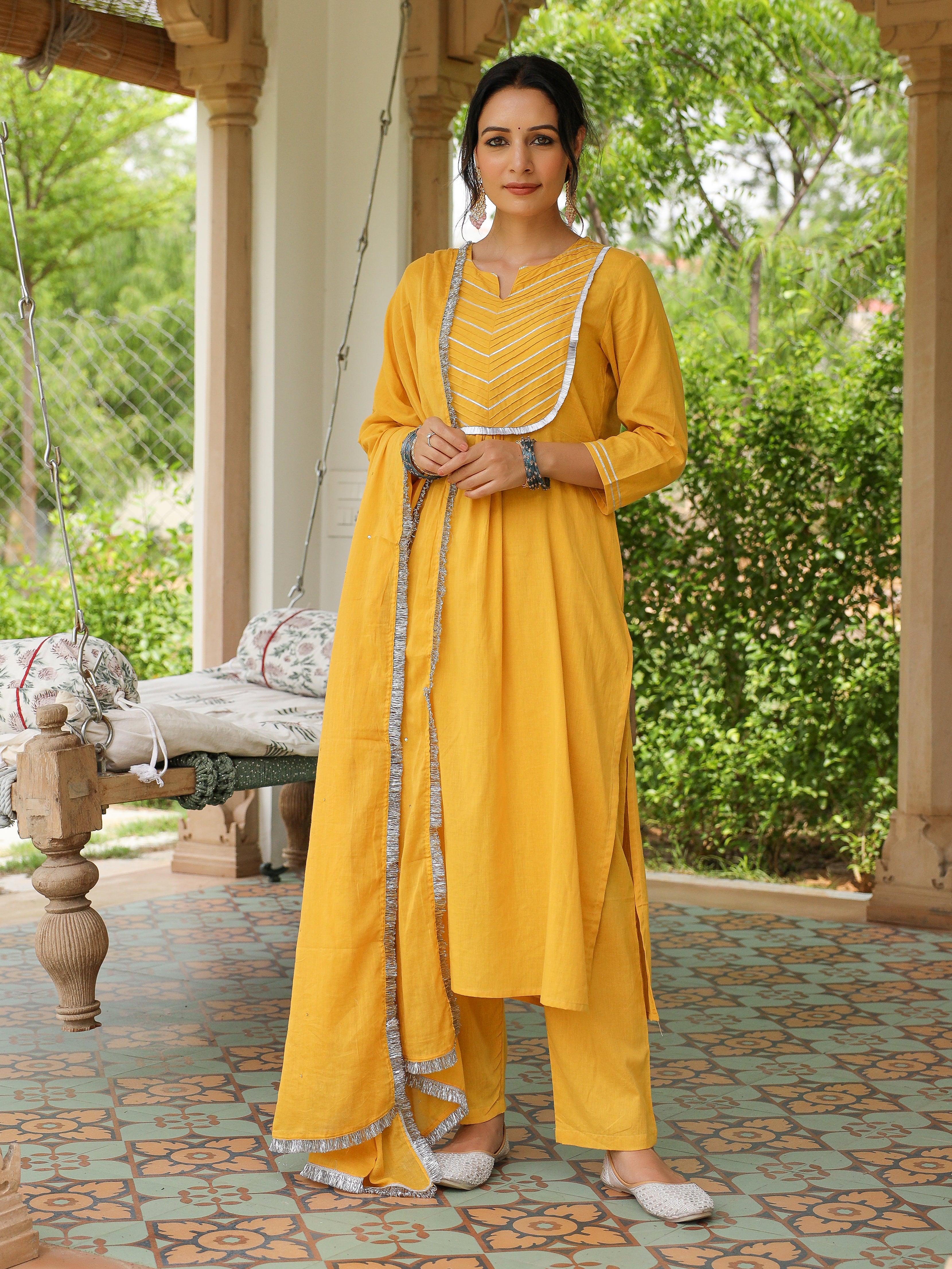 Mustard mulmul cotton kurta set with trousers and dupatta