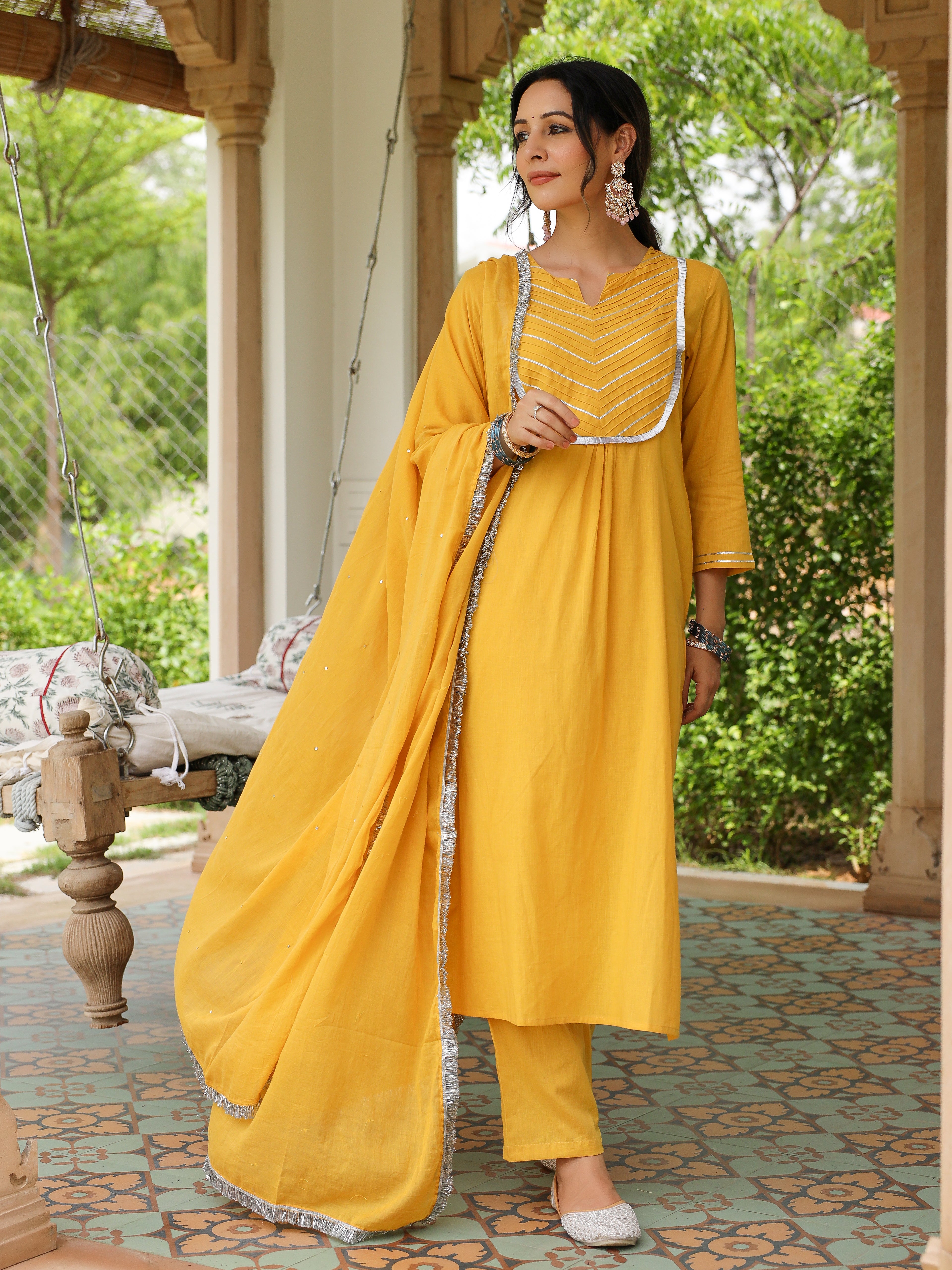 Mustard mulmul cotton kurta set with trousers and dupatta