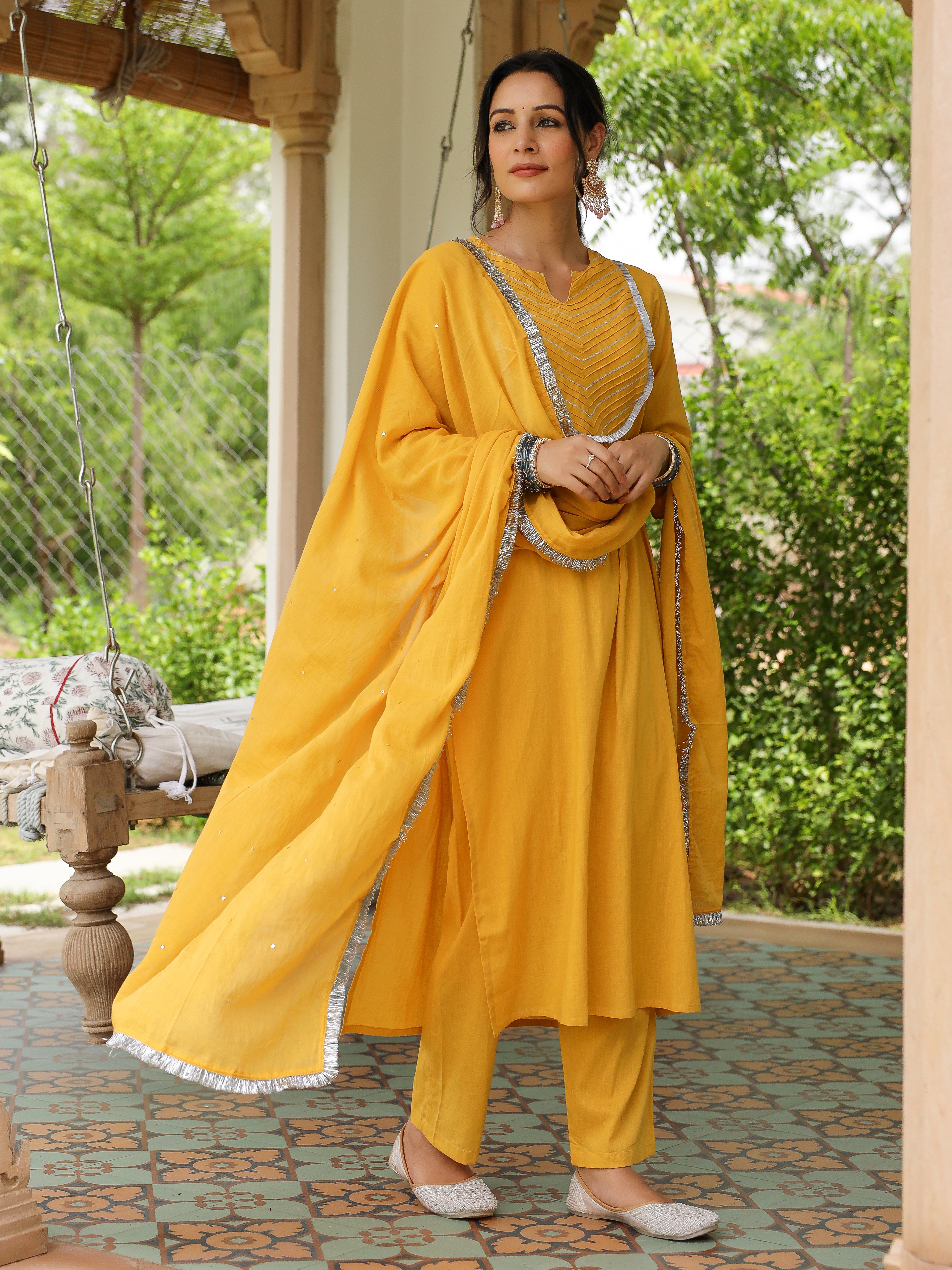 Mustard mulmul cotton kurta set with trousers and dupatta