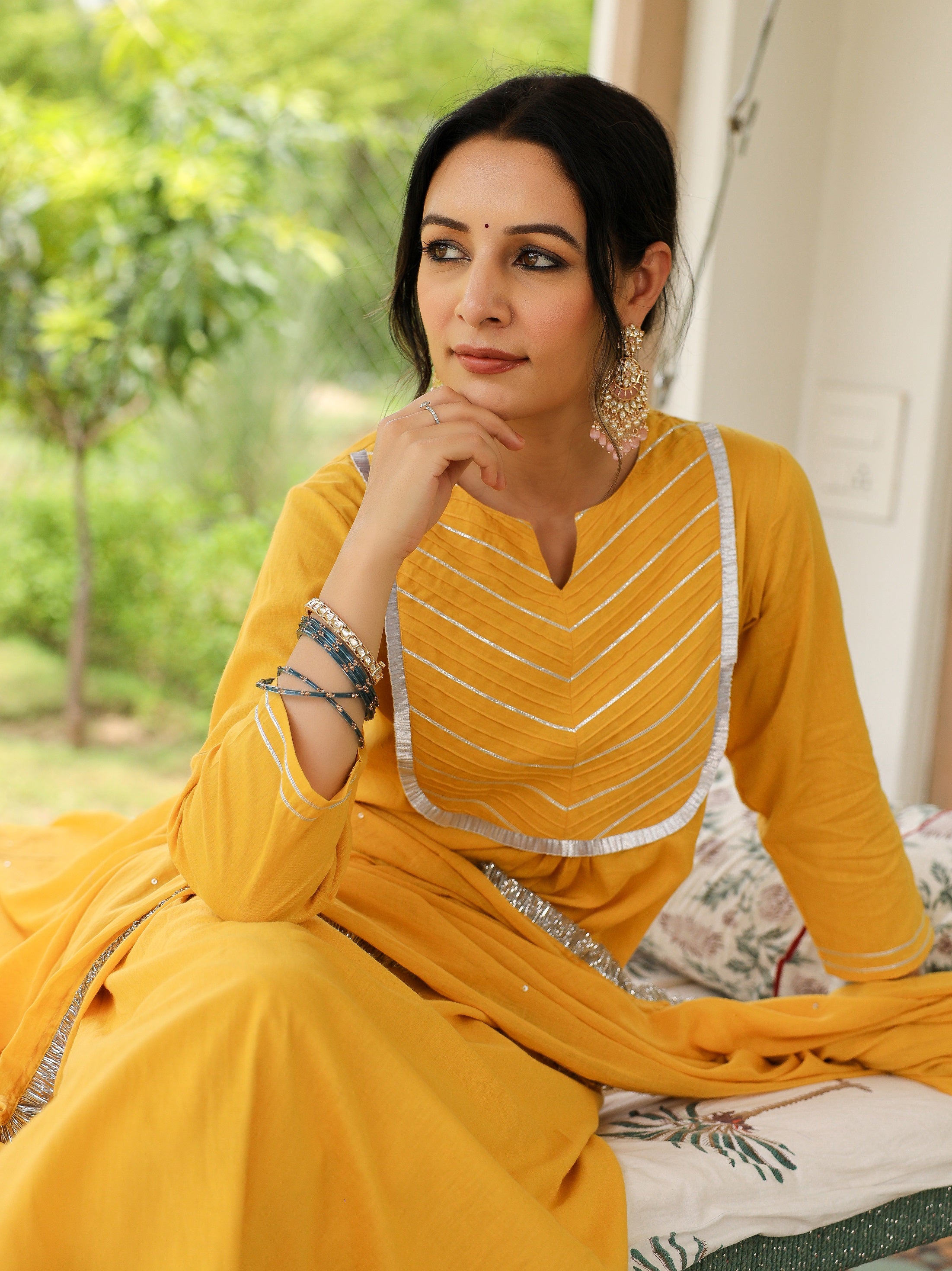 Mustard mulmul cotton kurta set with trousers and dupatta