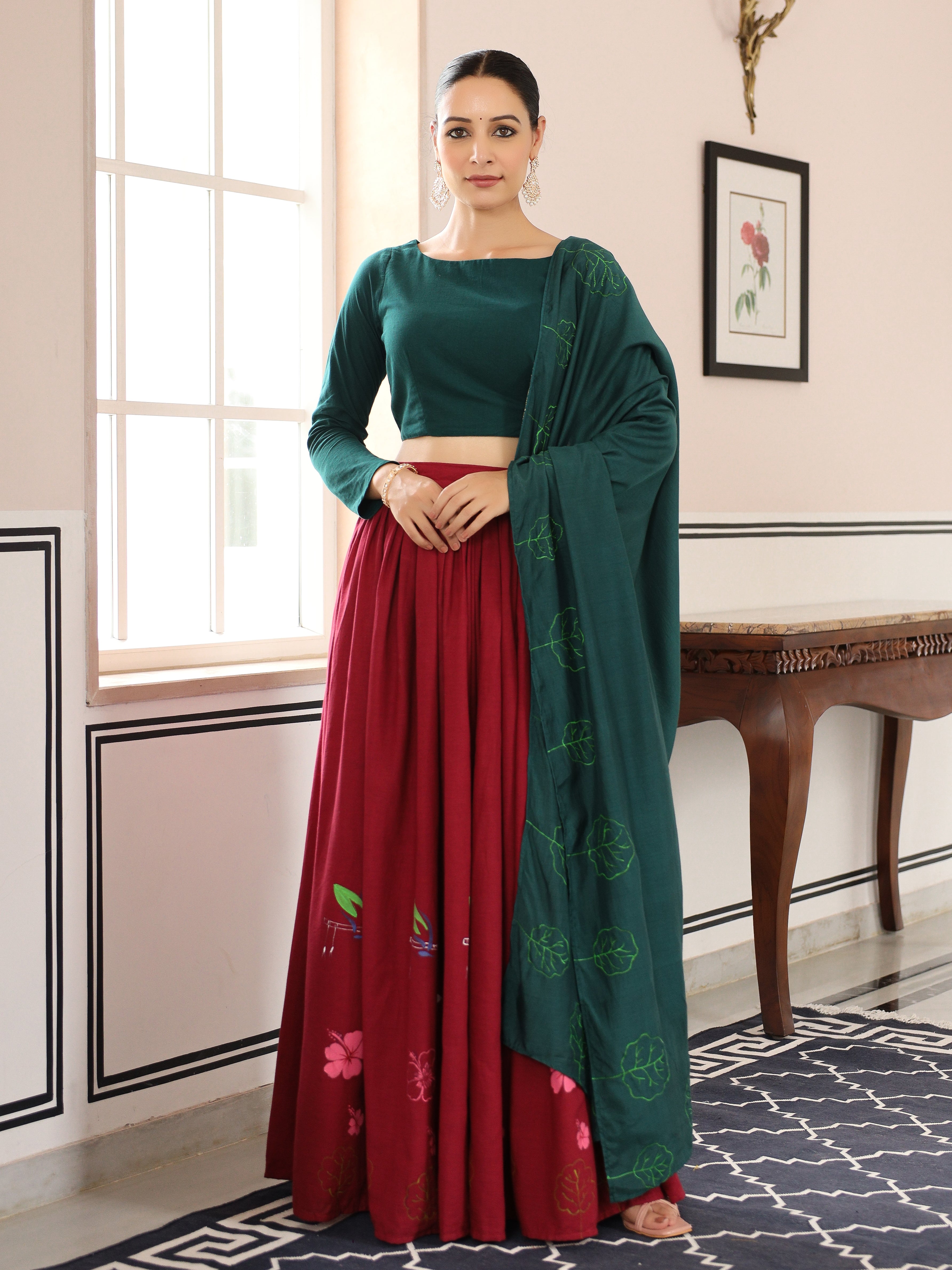 Stunning Red and Bottle Green Handpainted Lehenga Set with Dupatta