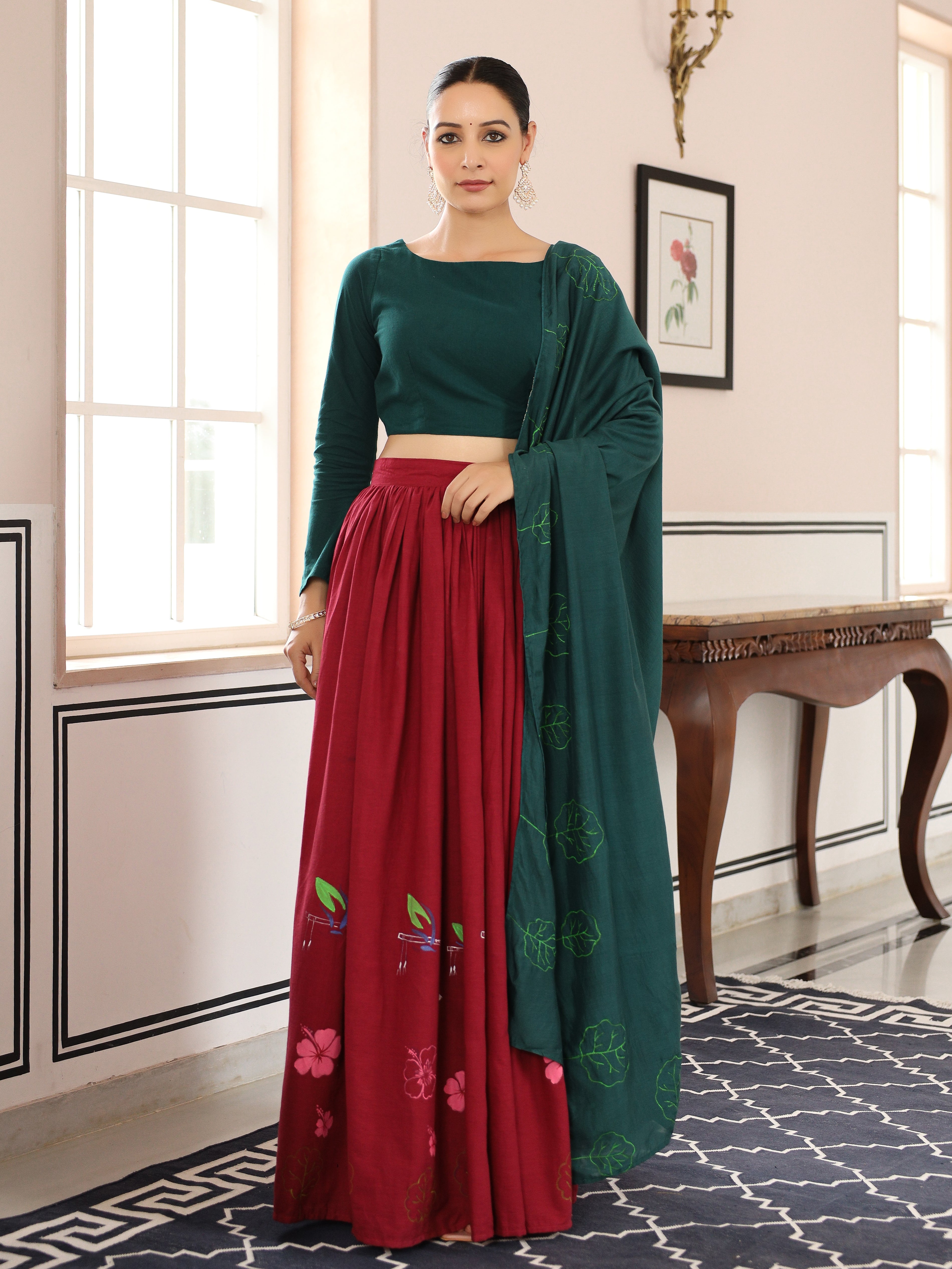 Stunning Red and Bottle Green Handpainted Lehenga Set with Dupatta