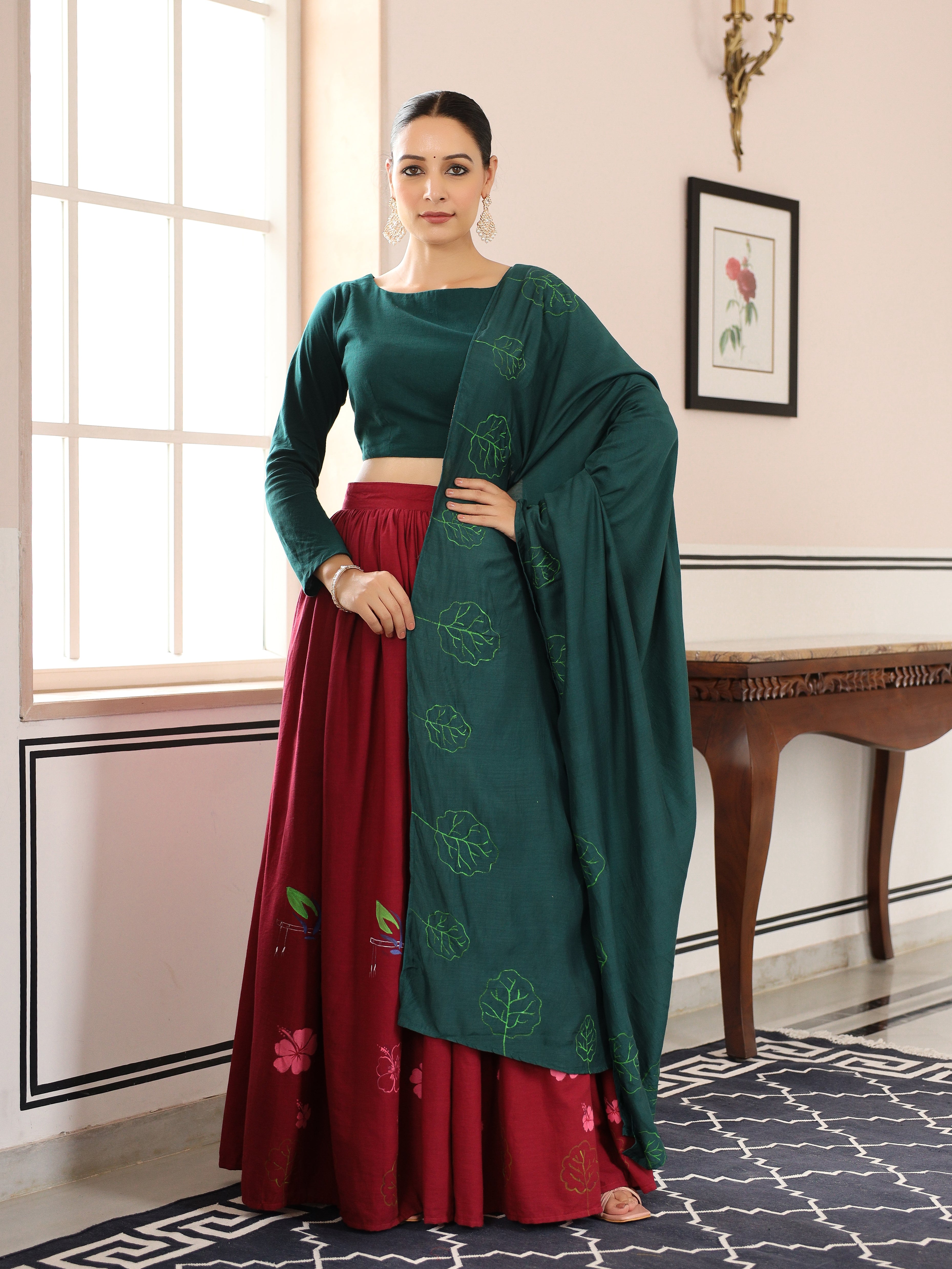 Stunning Red and Bottle Green Handpainted Lehenga Set with Dupatta