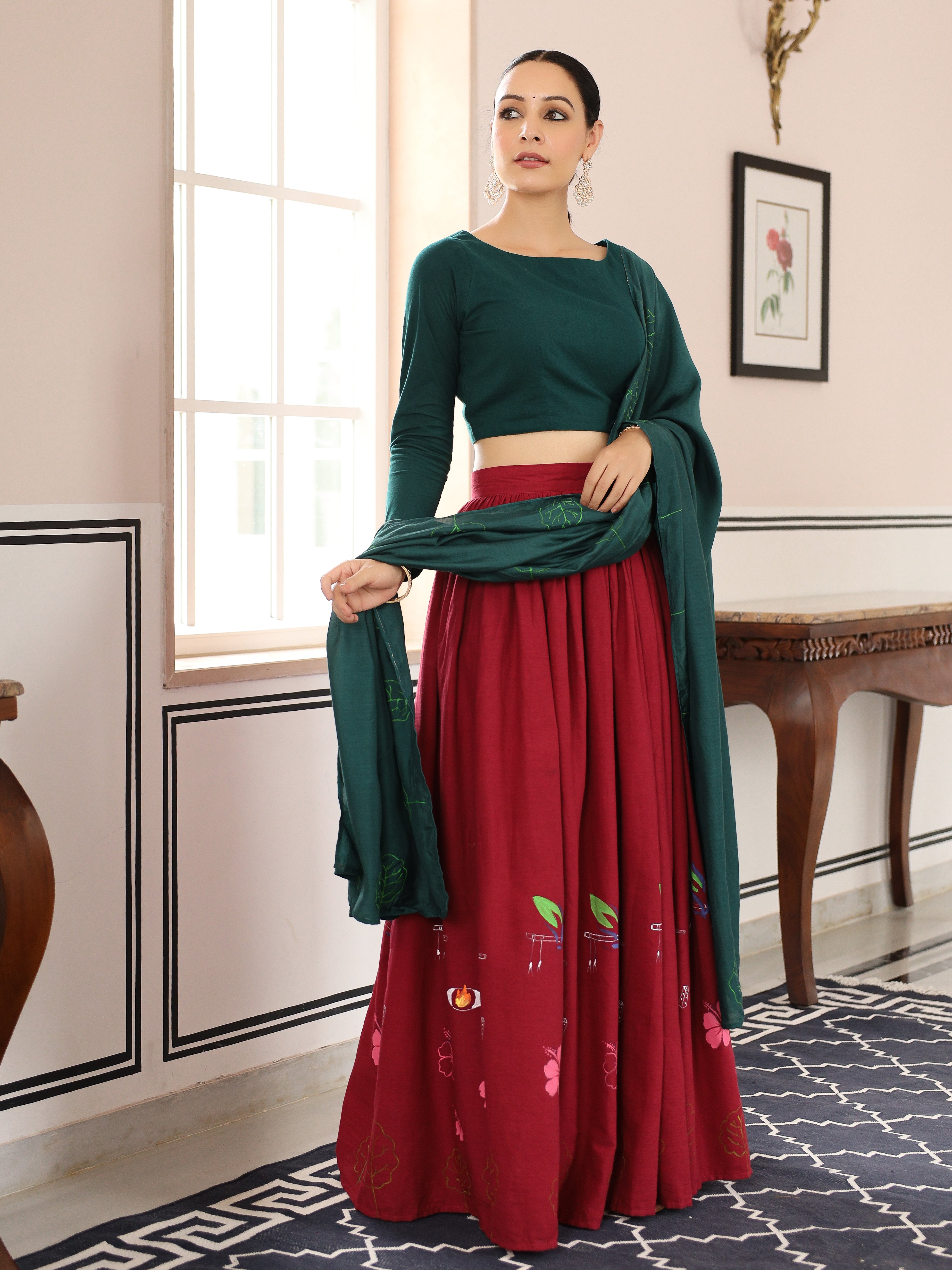 Stunning Red and Bottle Green Handpainted Lehenga Set with Dupatta