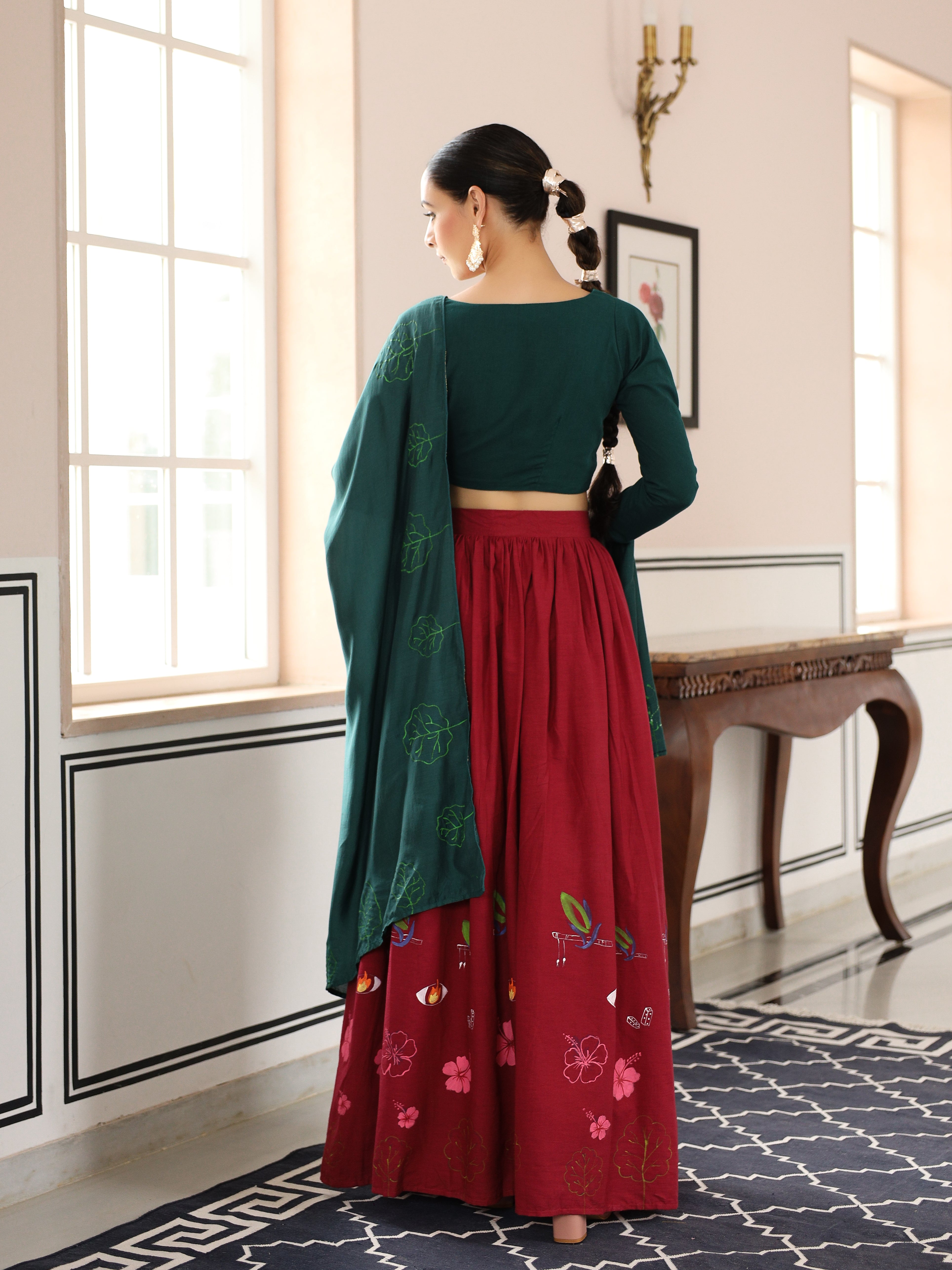 Stunning Red and Bottle Green Handpainted Lehenga Set with Dupatta