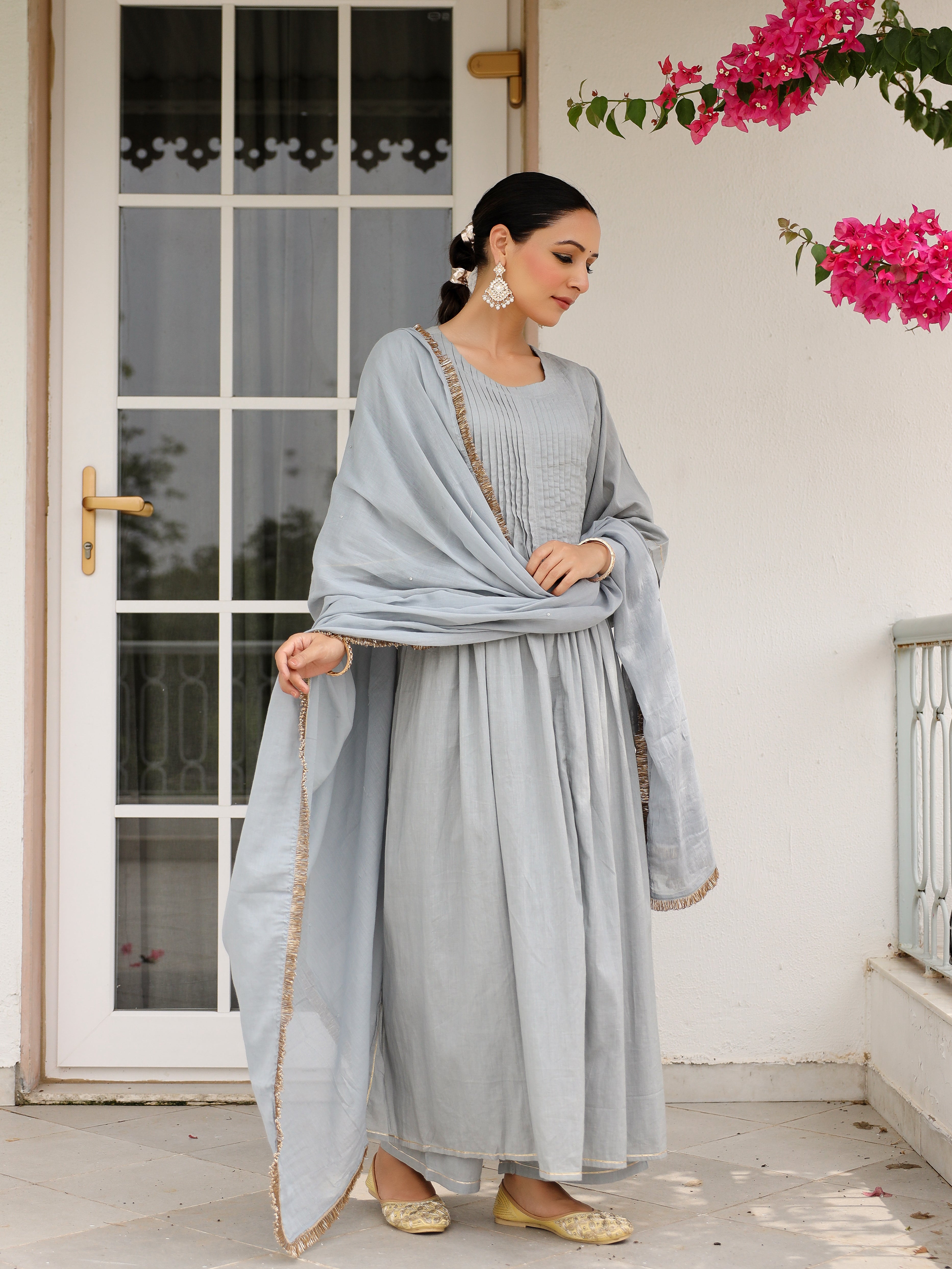 Grey mulmul cotton kurta set with trousers and dupatta