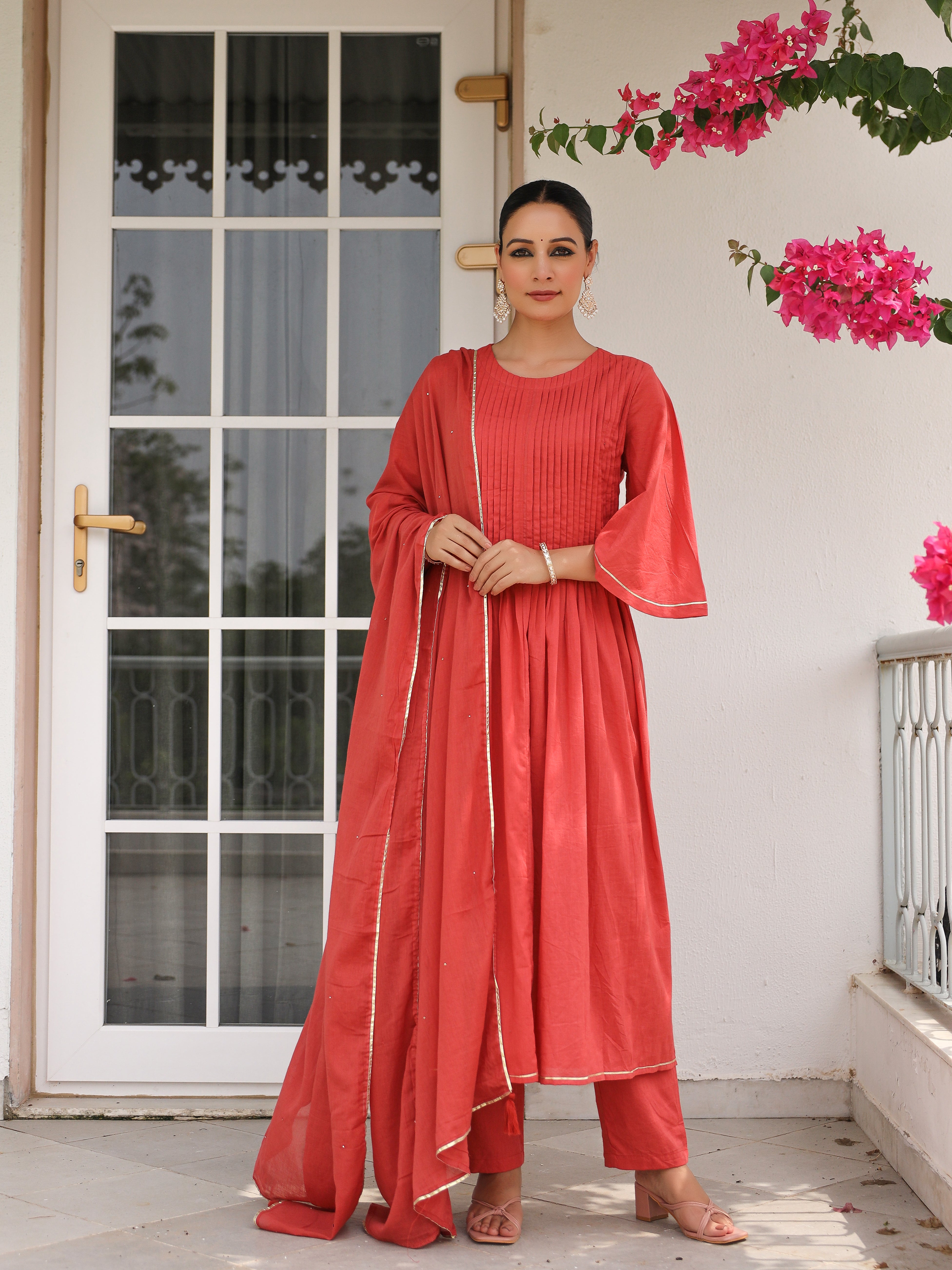 Dusty red mulmul cotton kurta set with trousers and dupatta