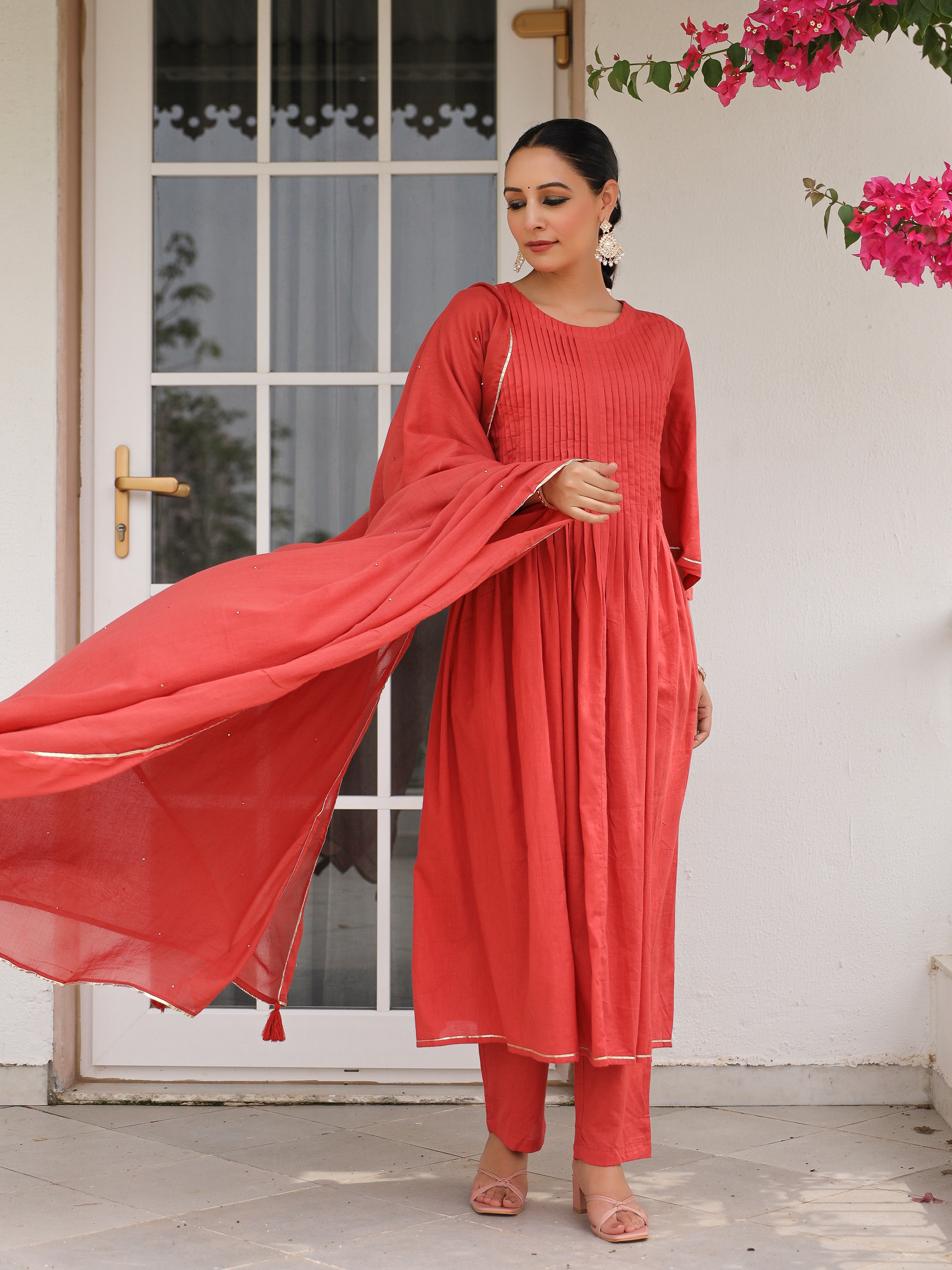 Dusty red mulmul cotton kurta set with trousers and dupatta