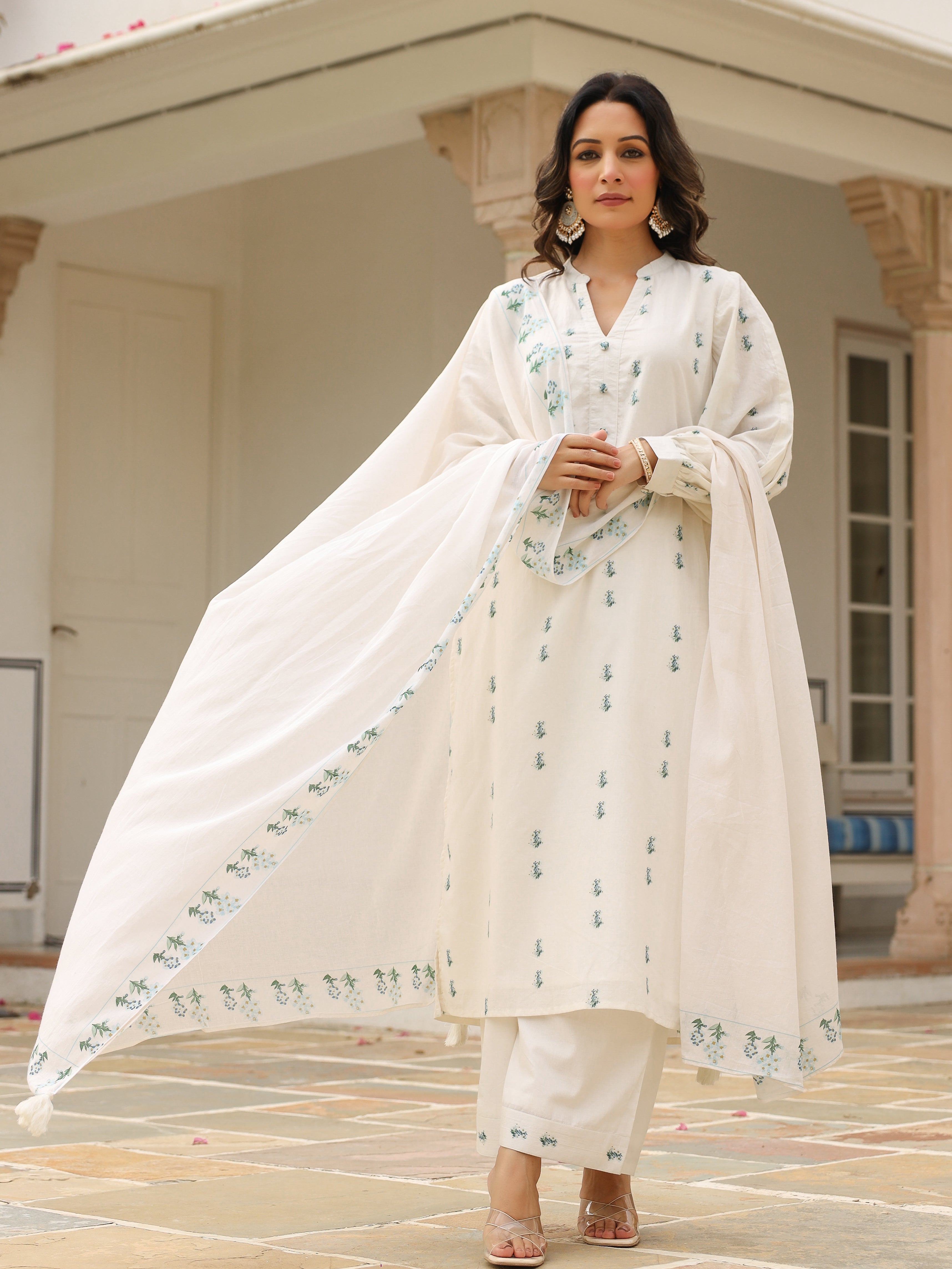 Handpainted cotton suit set with plazzo and dupatta