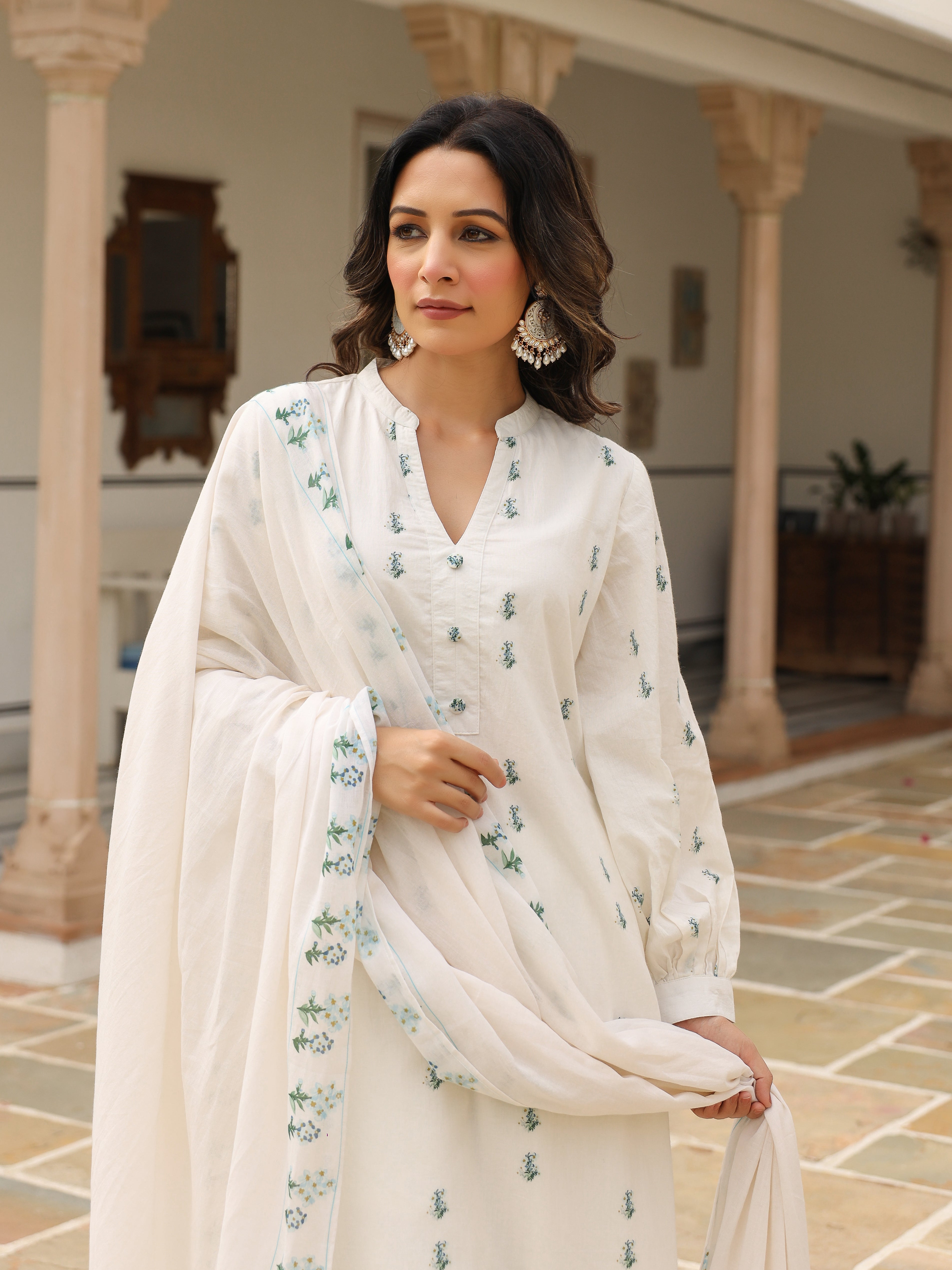 Handpainted cotton suit set with plazzo and dupatta