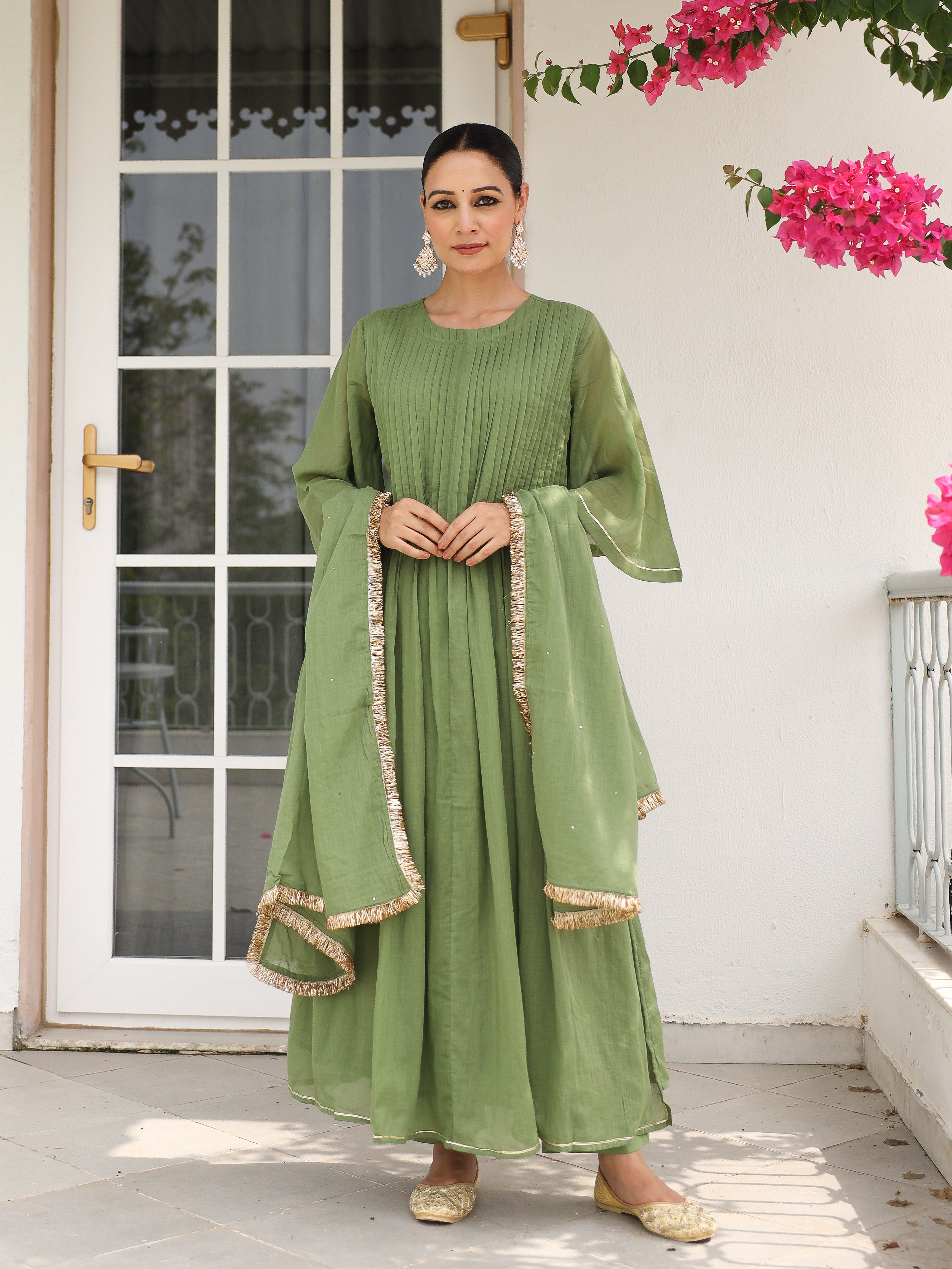 Light green mulmul cotton kurta set with trousers and dupatta