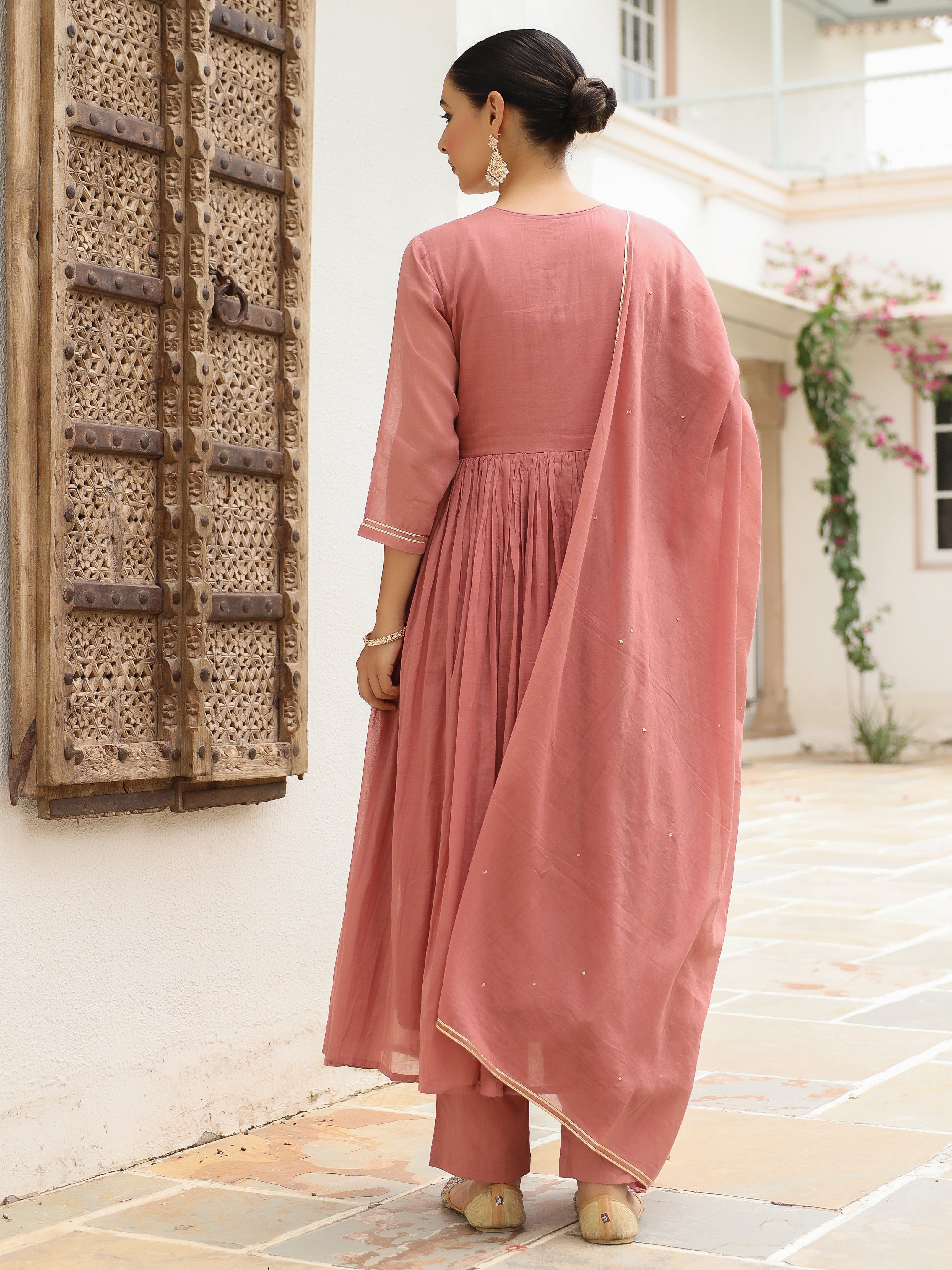 Dusty pink mulmul cotton anarkali kurta set with trousers and dupatta