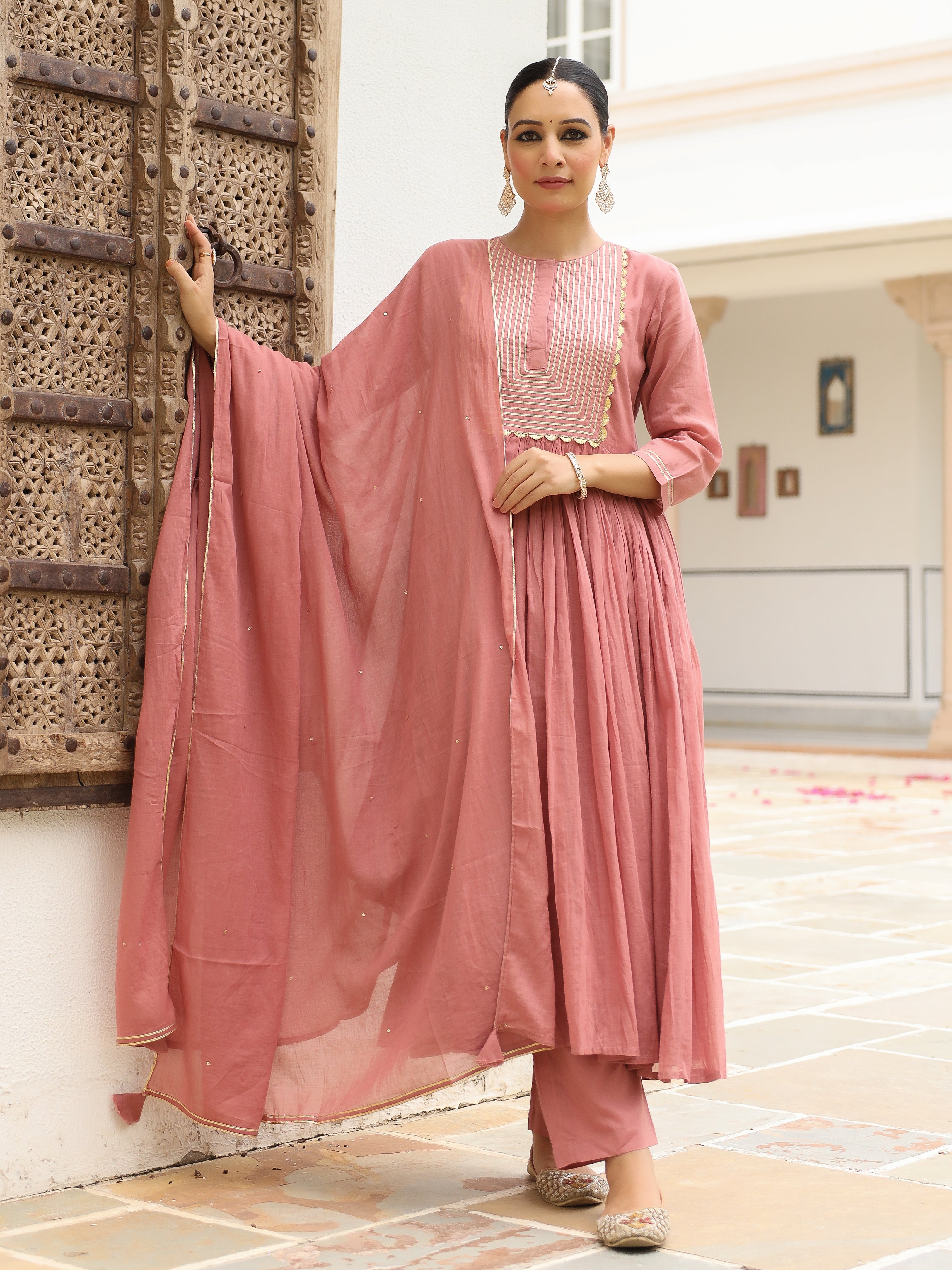 Dusty pink mulmul cotton anarkali kurta set with trousers and dupatta