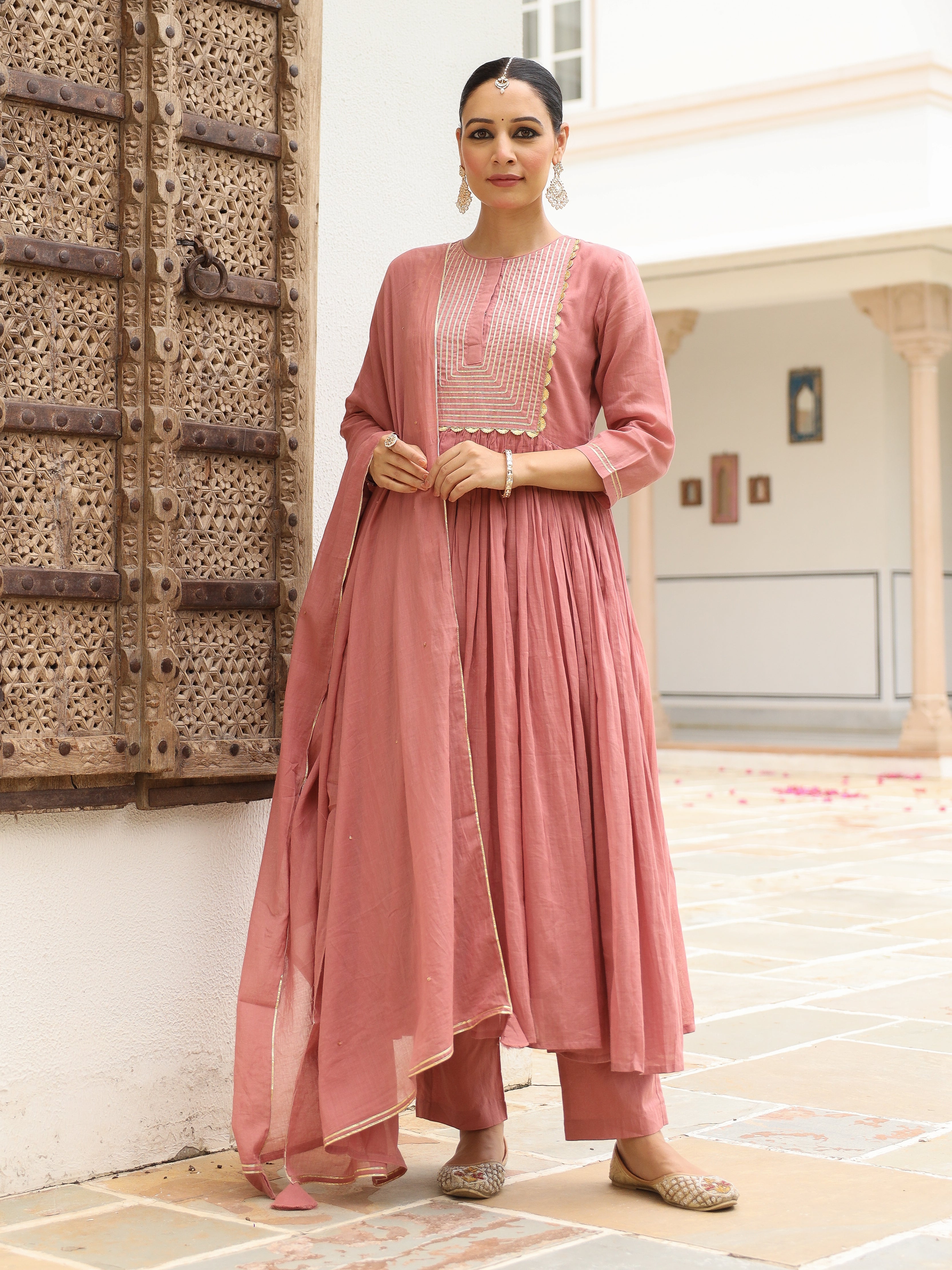 Dusty pink mulmul cotton anarkali kurta set with trousers and dupatta