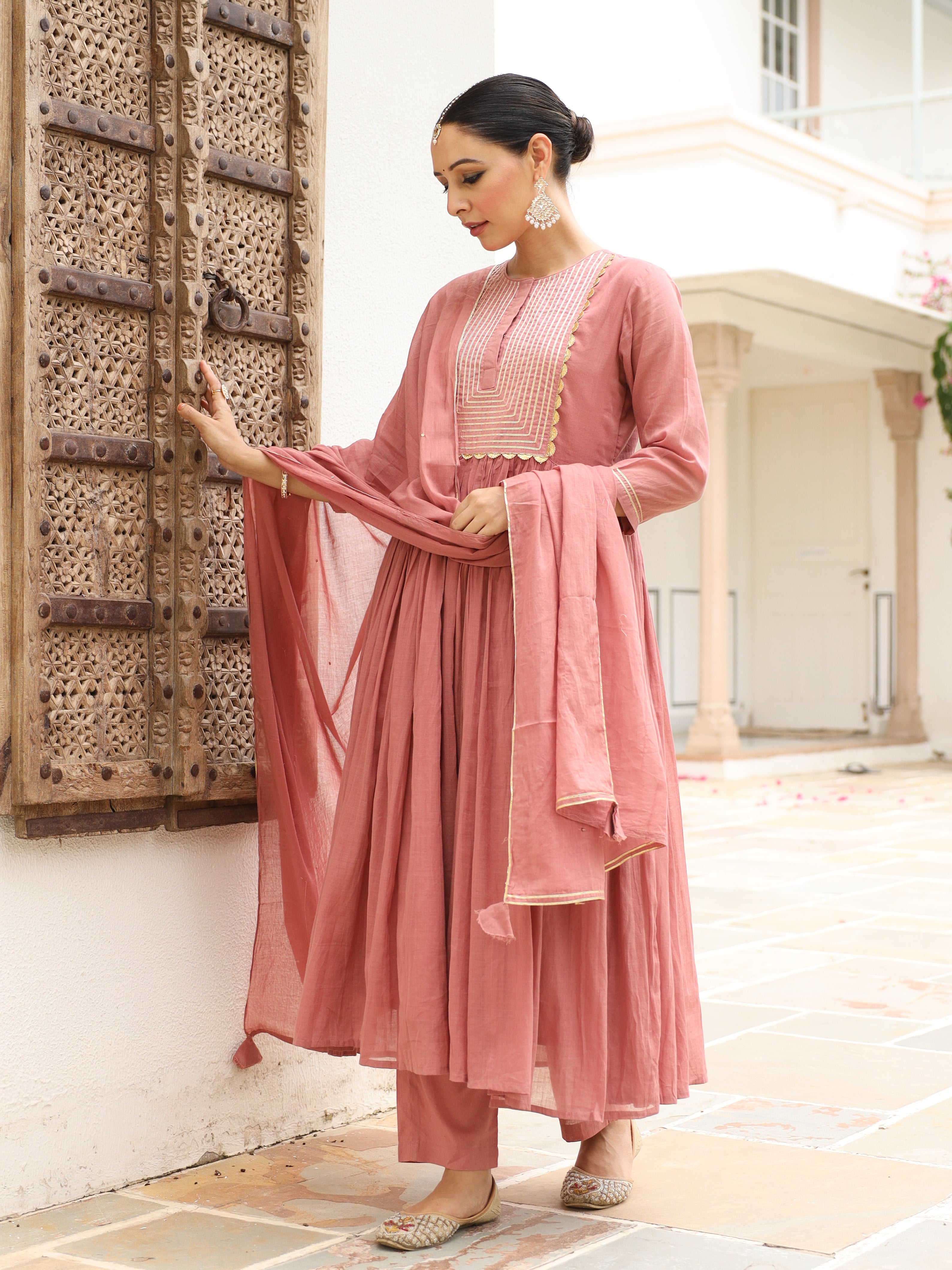 Dusty pink mulmul cotton anarkali kurta set with trousers and dupatta