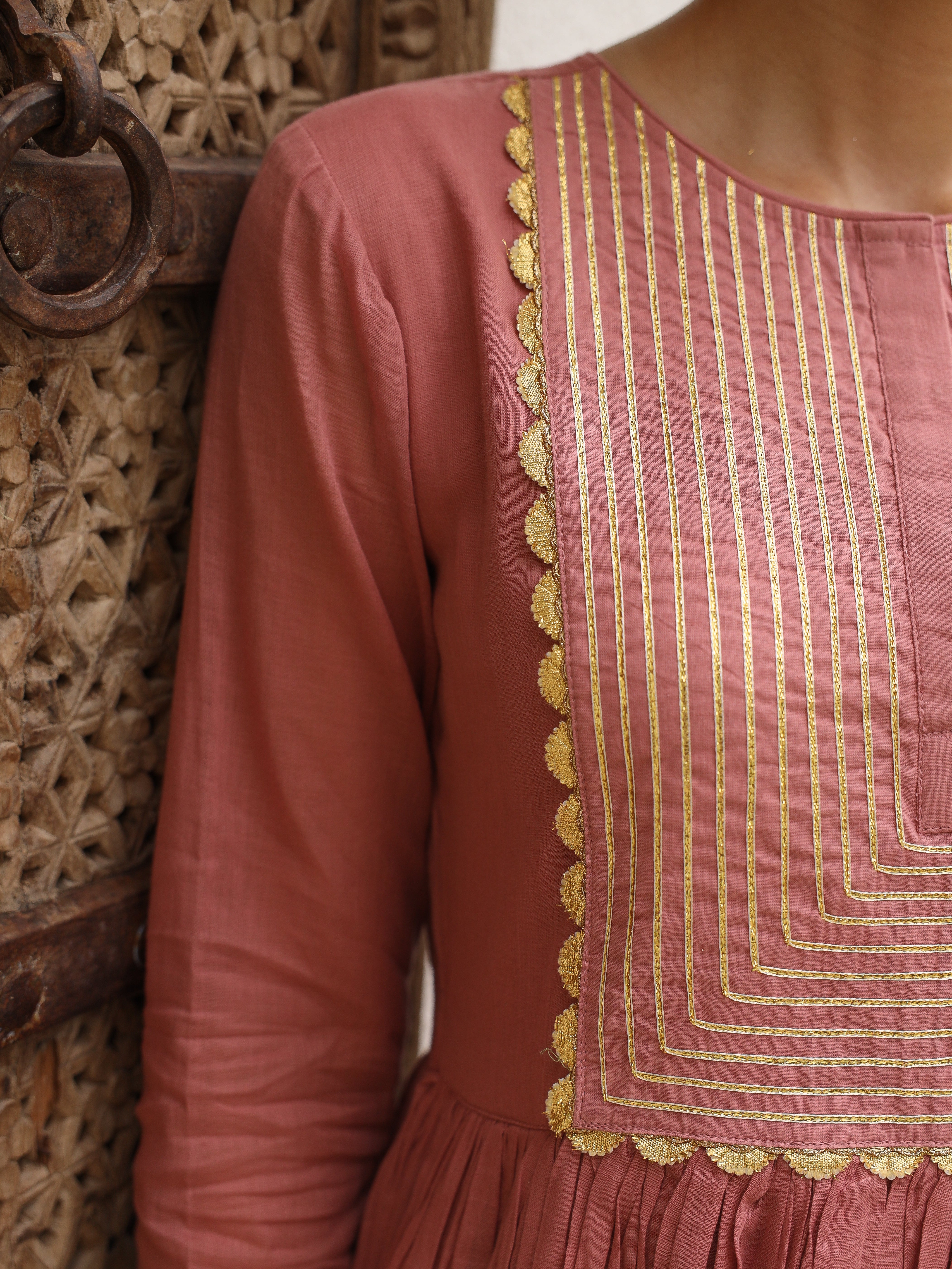 Dusty pink mulmul cotton anarkali kurta set with trousers and dupatta