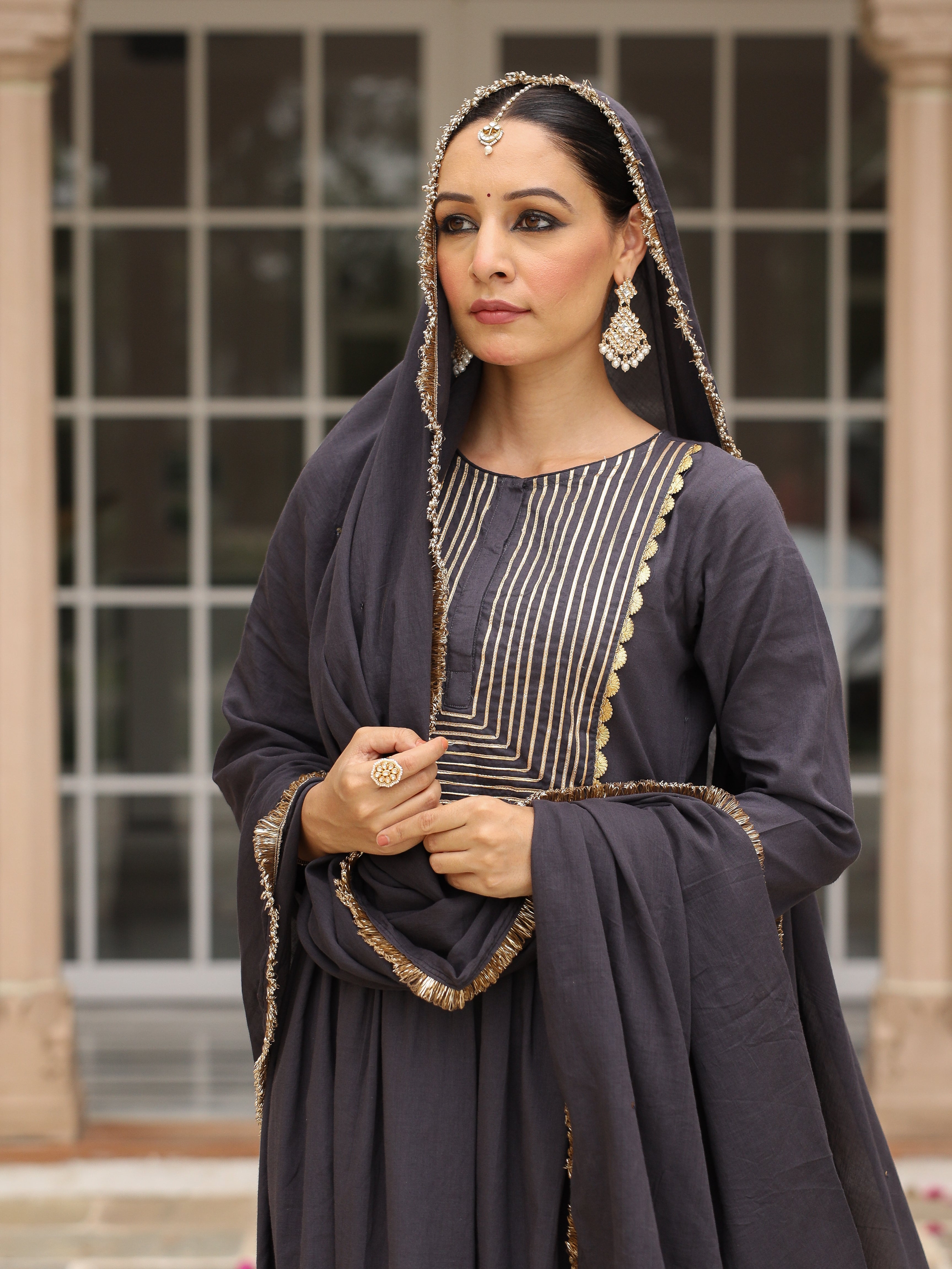 Black mulmul cotton anarkali kurta set with trousers and dupatta