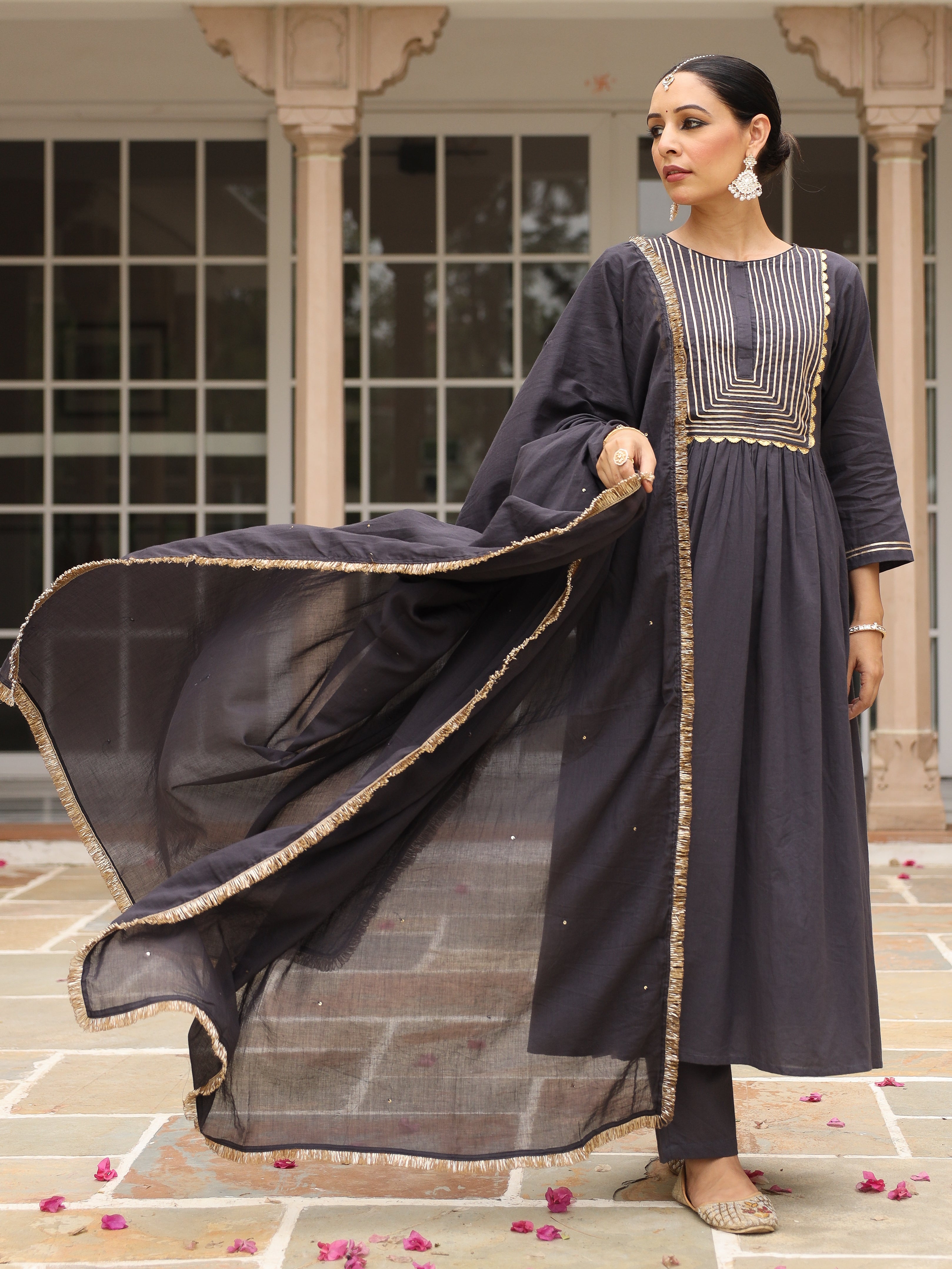 Black mulmul cotton anarkali kurta set with trousers and dupatta