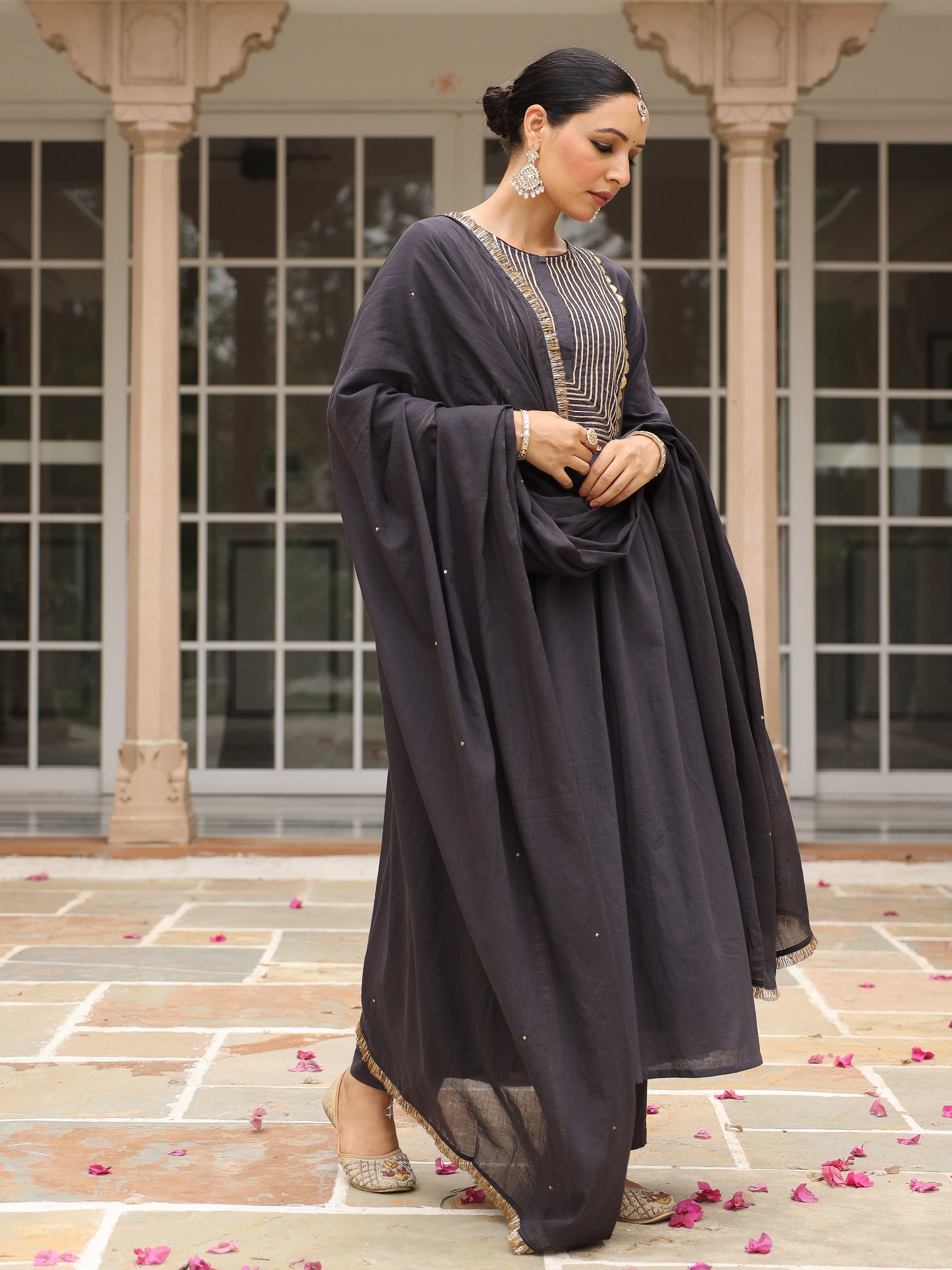 Black mulmul cotton anarkali kurta set with trousers and dupatta