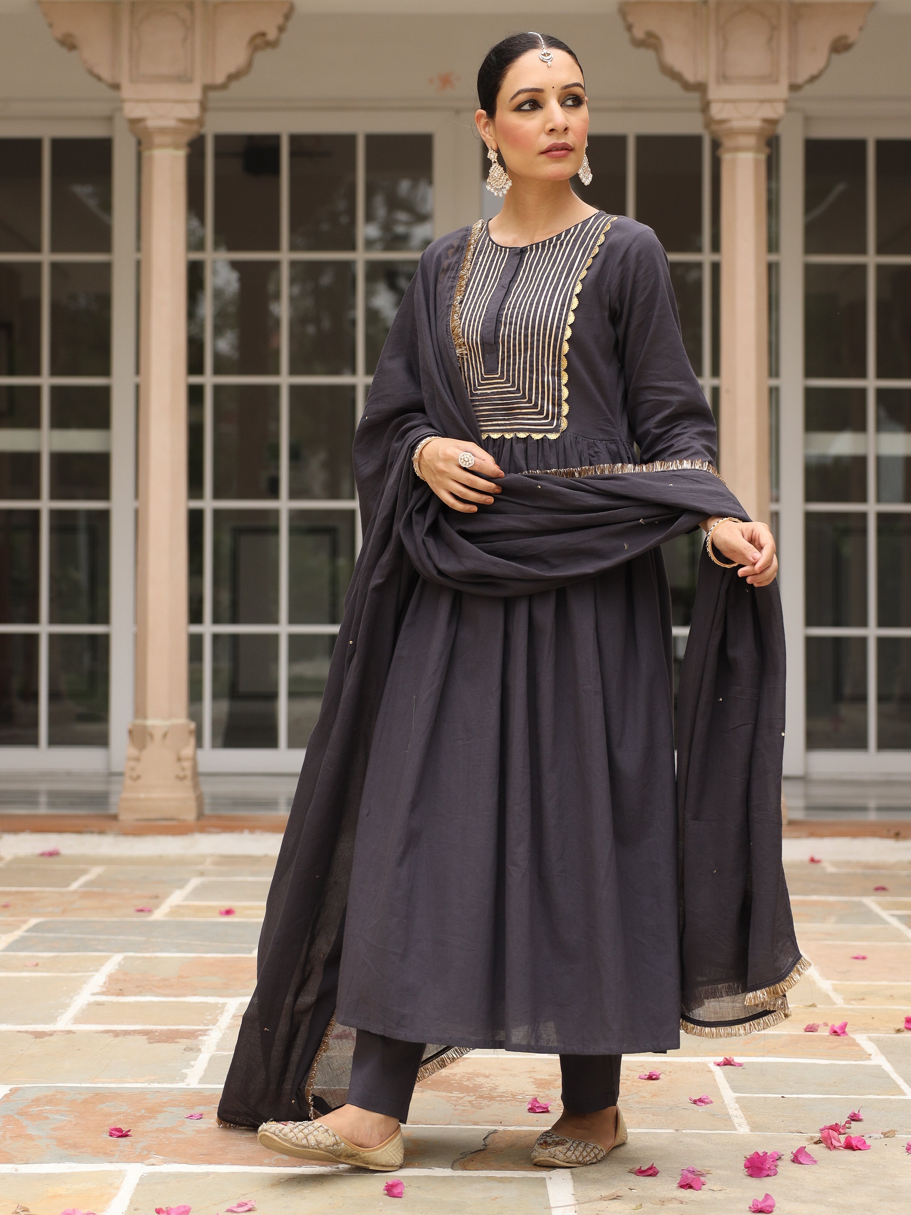 Black mulmul cotton anarkali kurta set with trousers and dupatta