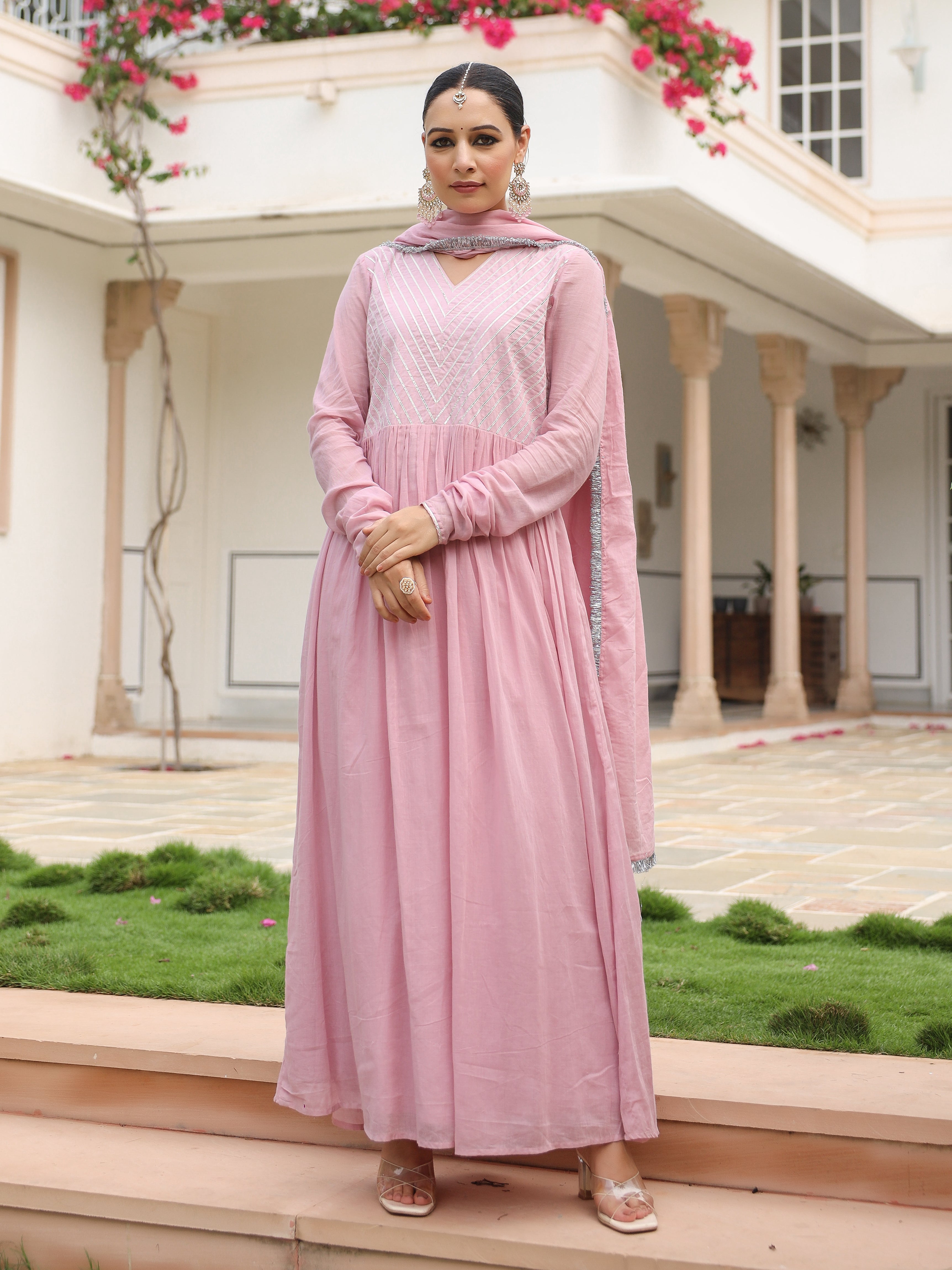 Baby pink mulmul cotton anarkali kurta set with trousers and dupatta