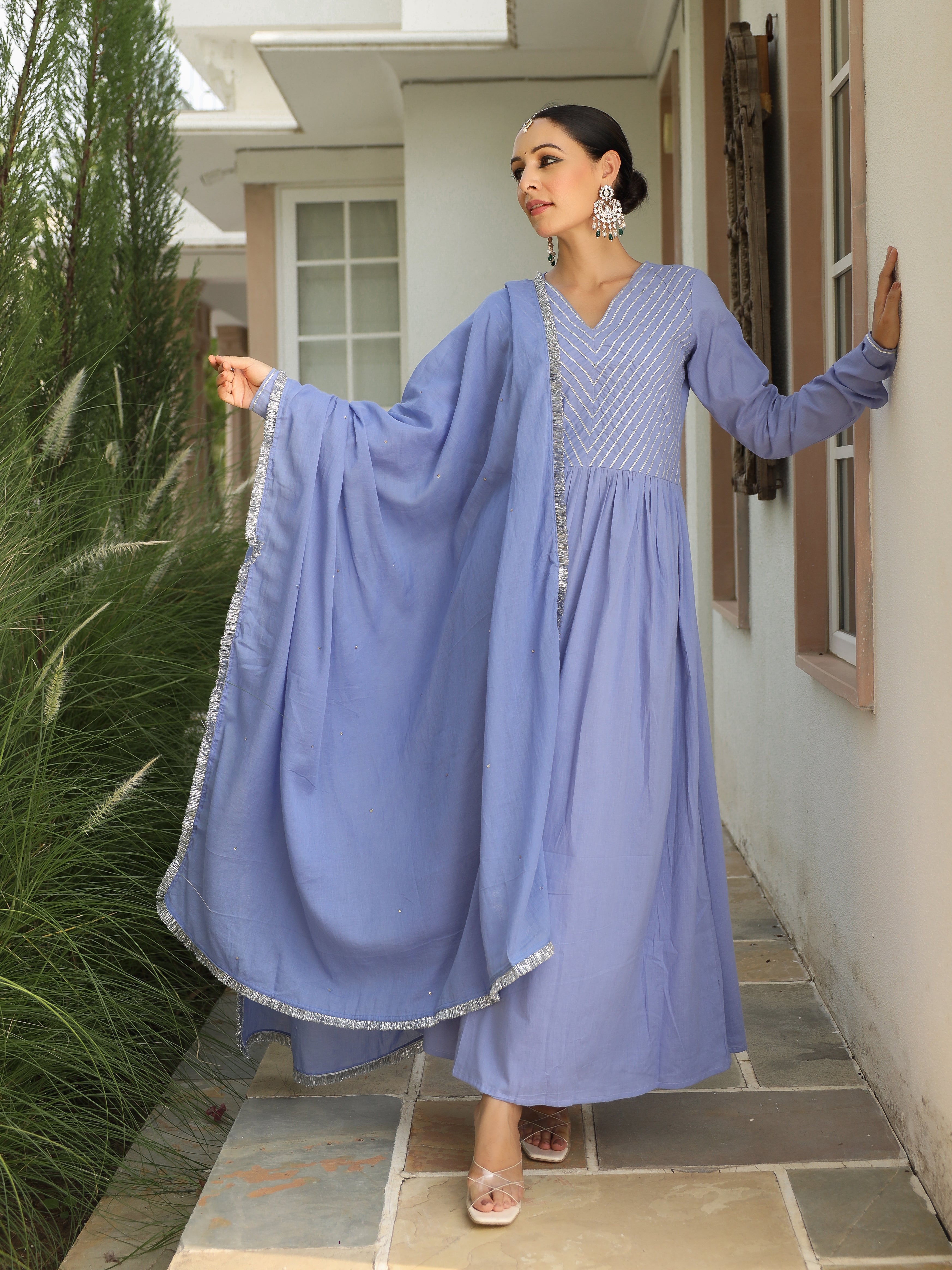 Lavender blue mulmul cotton anarkali kurta set with trousers and dupatta