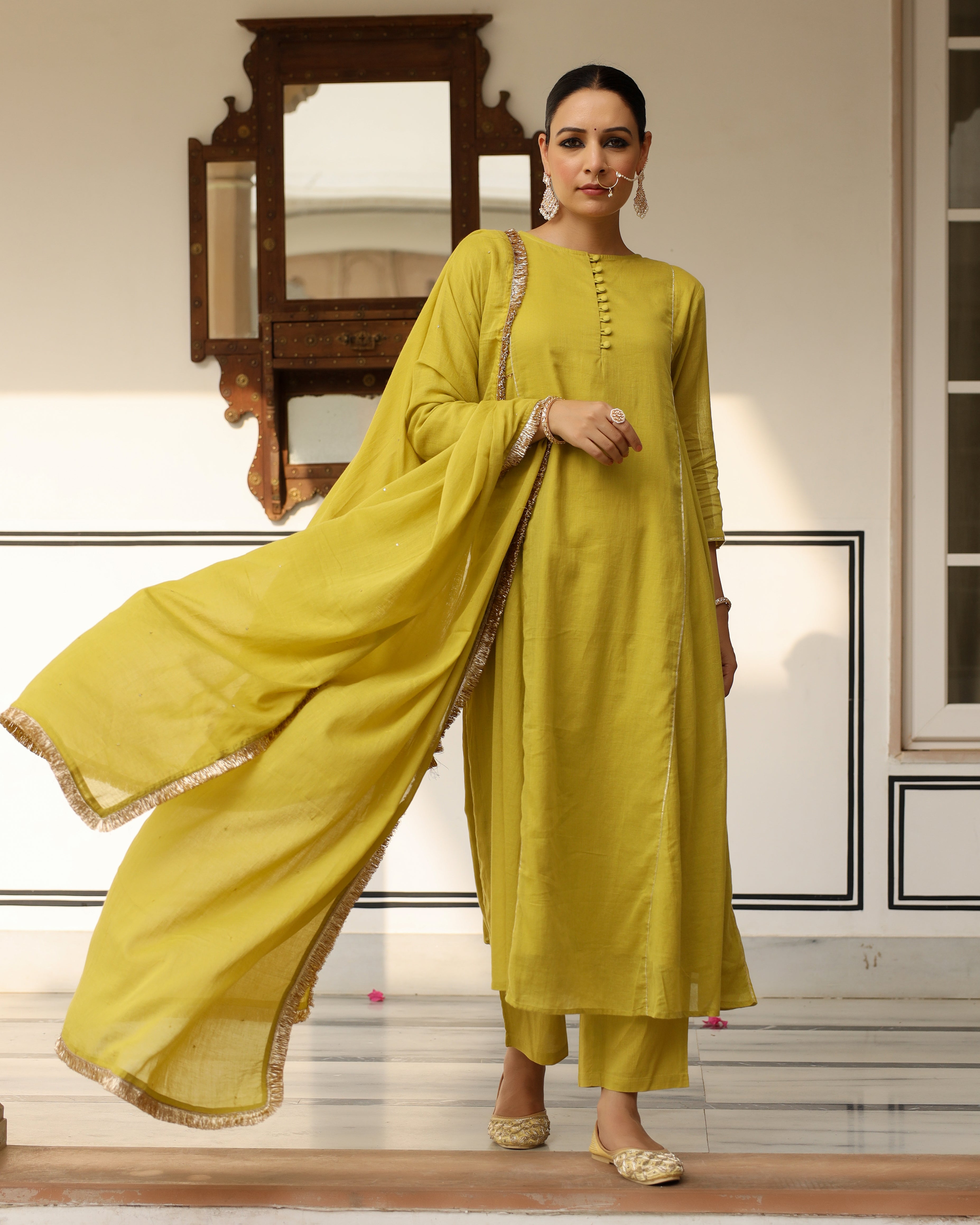 Greenish yellow mulmul cotton anarkali kurta set with trousers and dupatta