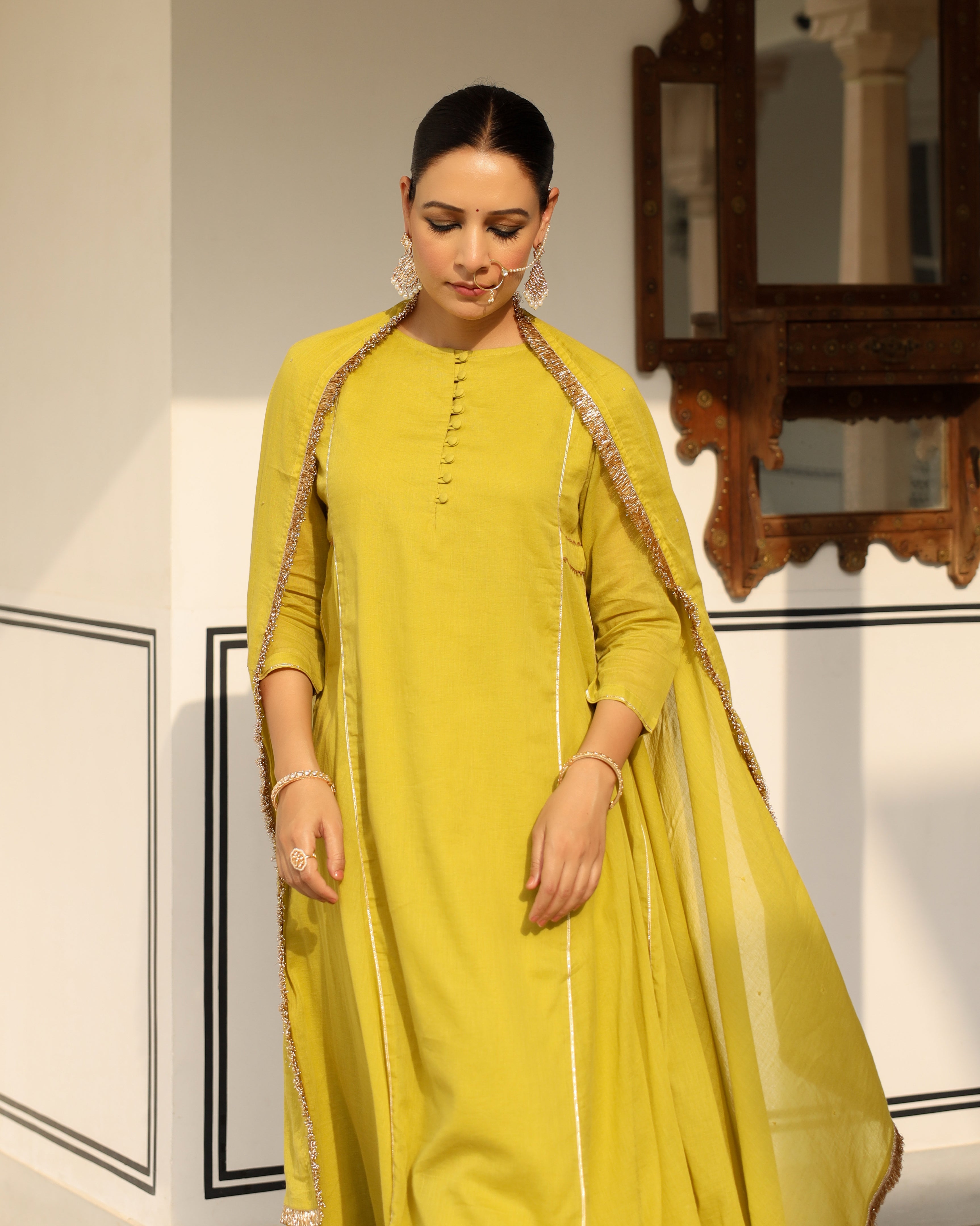 Greenish yellow mulmul cotton anarkali kurta set with trousers and dupatta