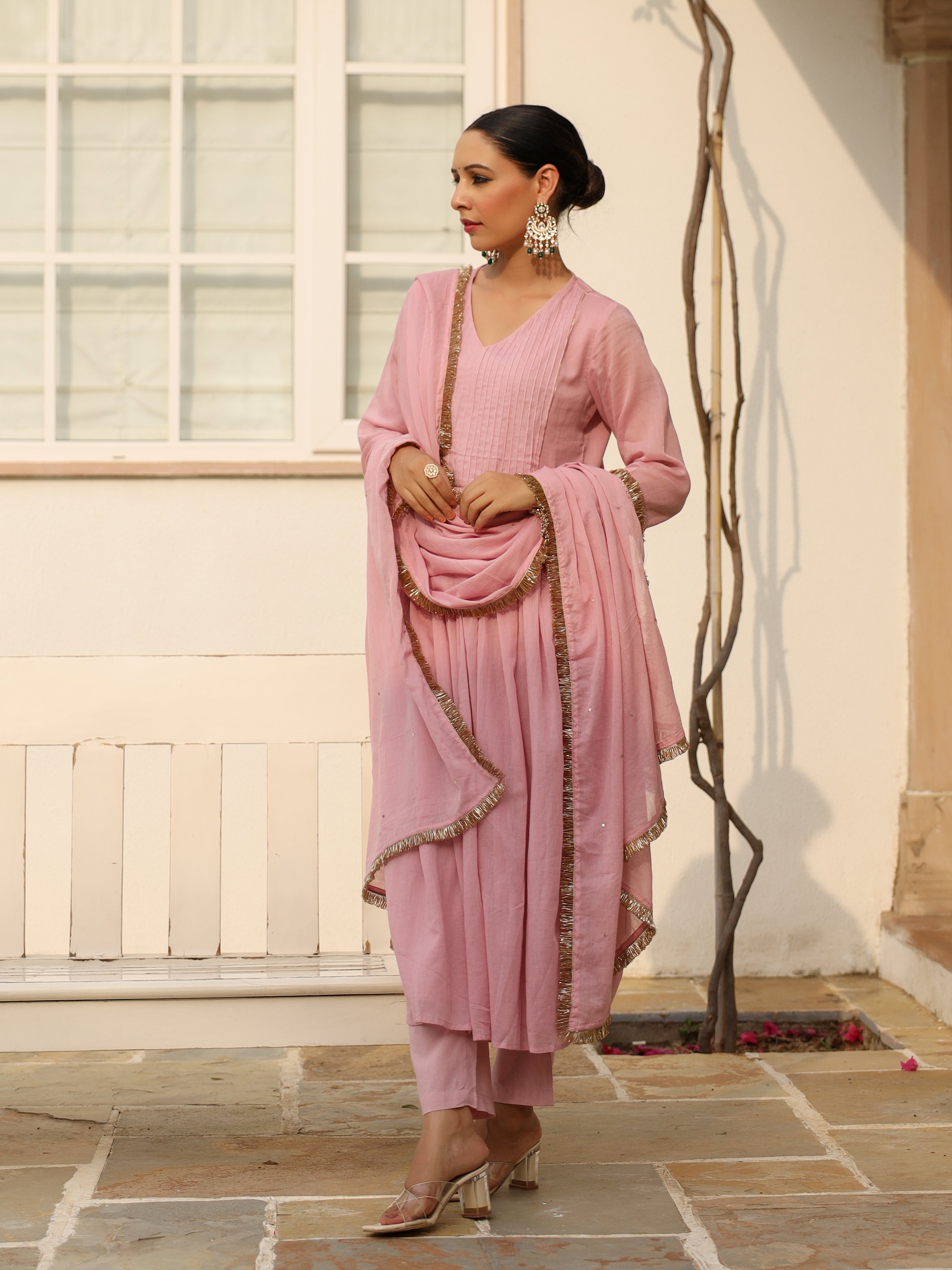 Baby pink pintucks mulmul cotton kurta set with trousers and dupatta