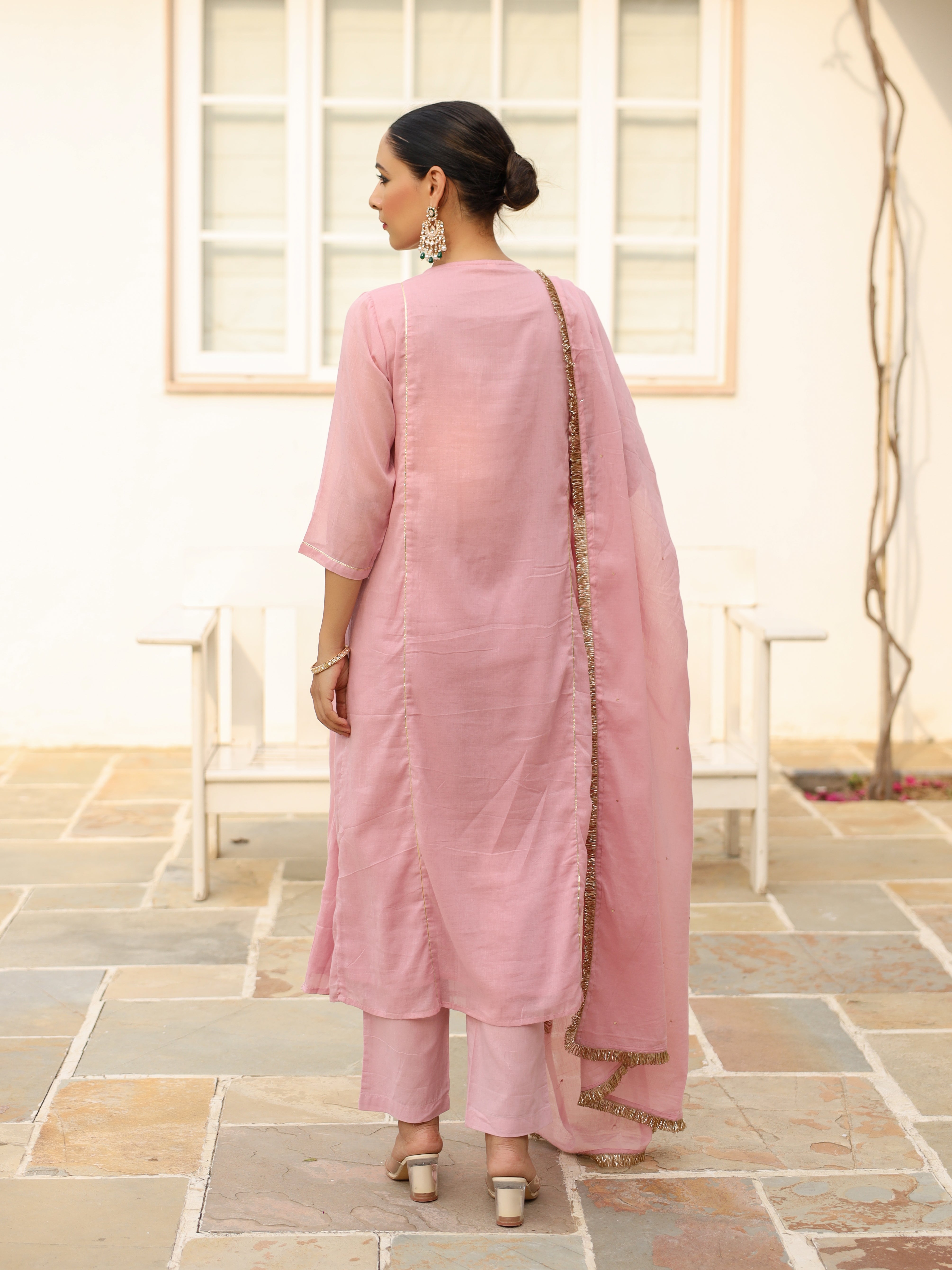 Baby pink pintucks mulmul cotton kurta set with trousers and dupatta