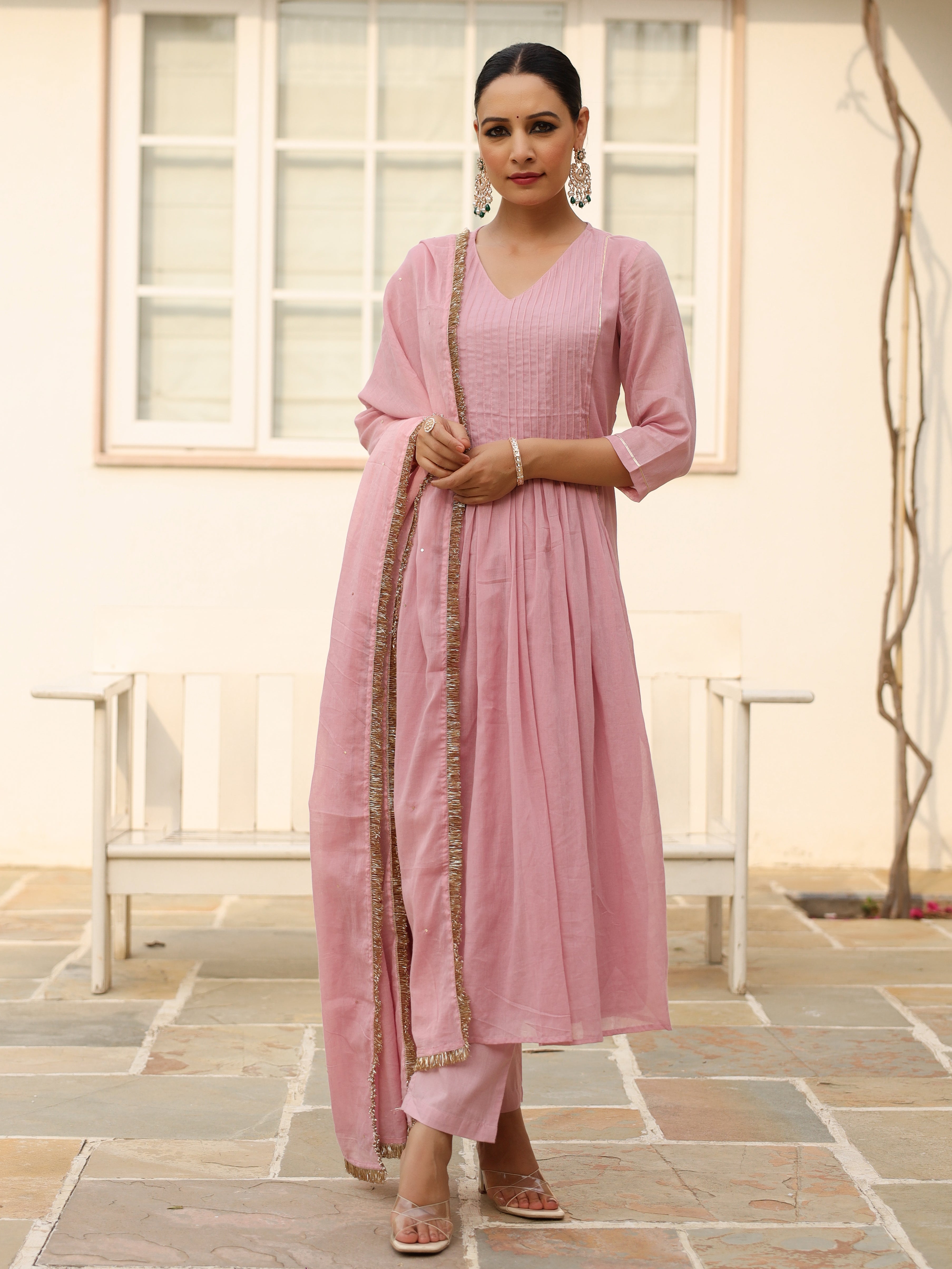 Baby pink pintucks mulmul cotton kurta set with trousers and dupatta