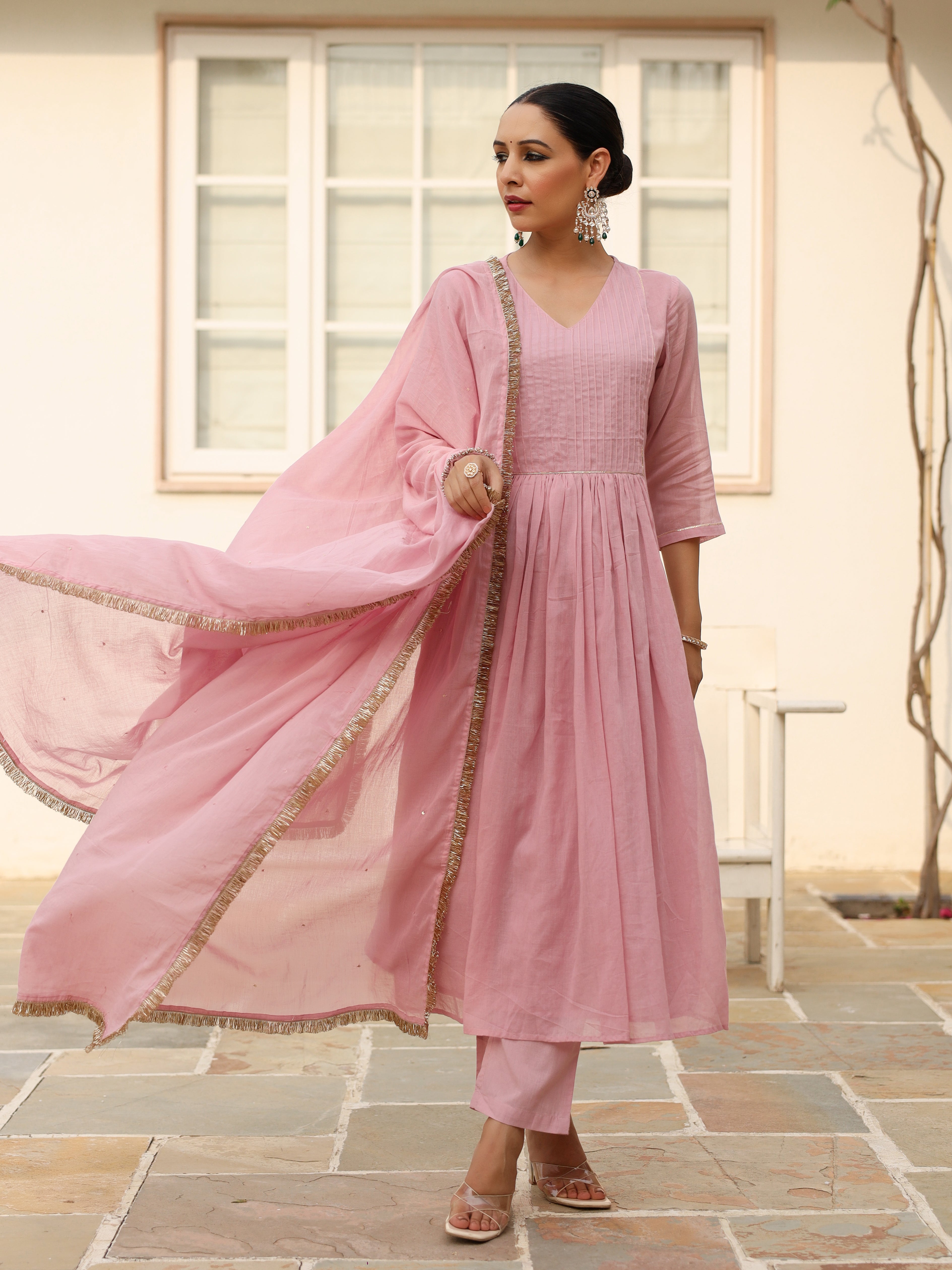 Baby pink pintucks mulmul cotton kurta set with trousers and dupatta