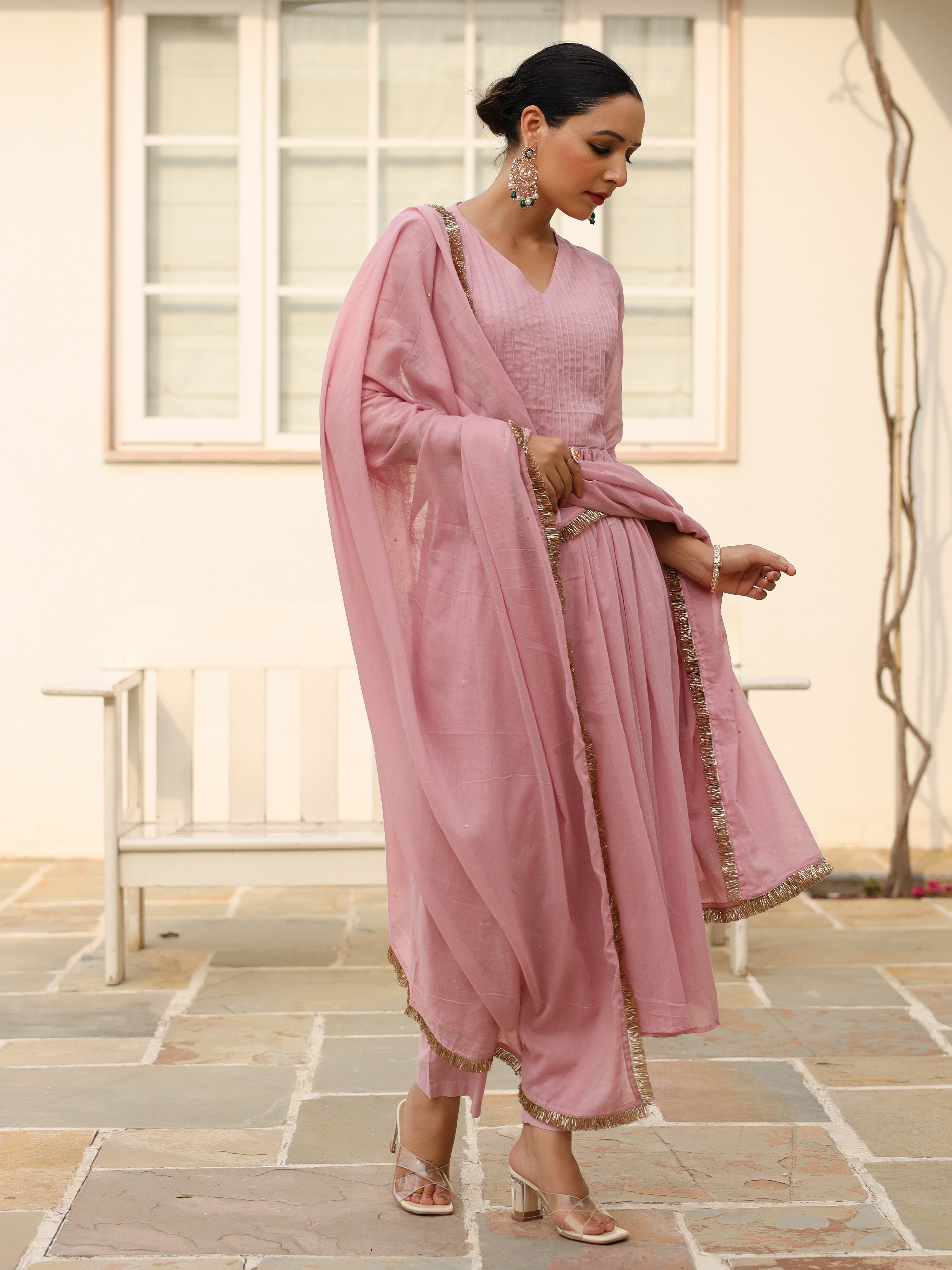 Baby pink pintucks mulmul cotton kurta set with trousers and dupatta