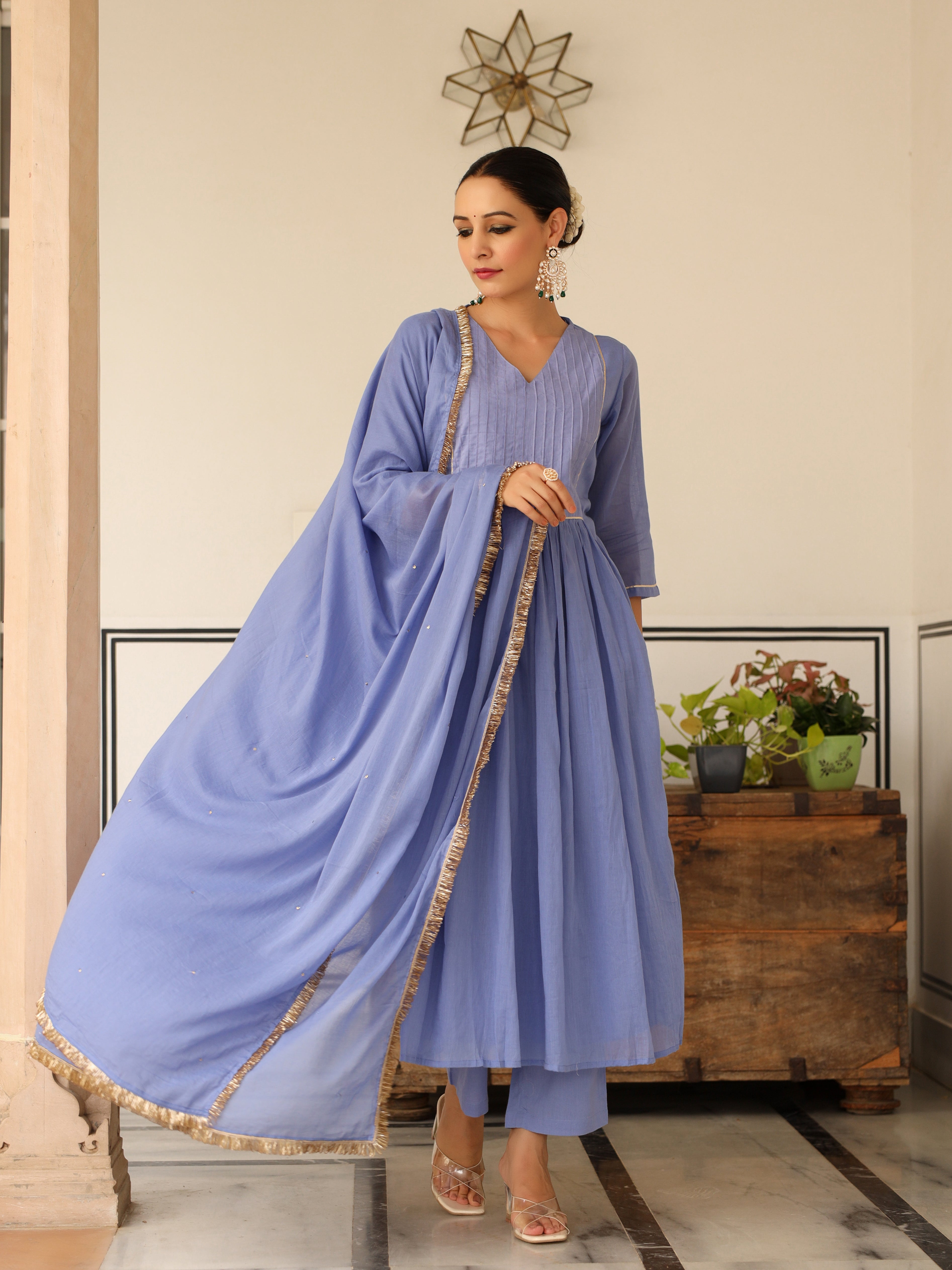 Lavender blue pintucks mulmul cotton kurta set with trousers and dupatta