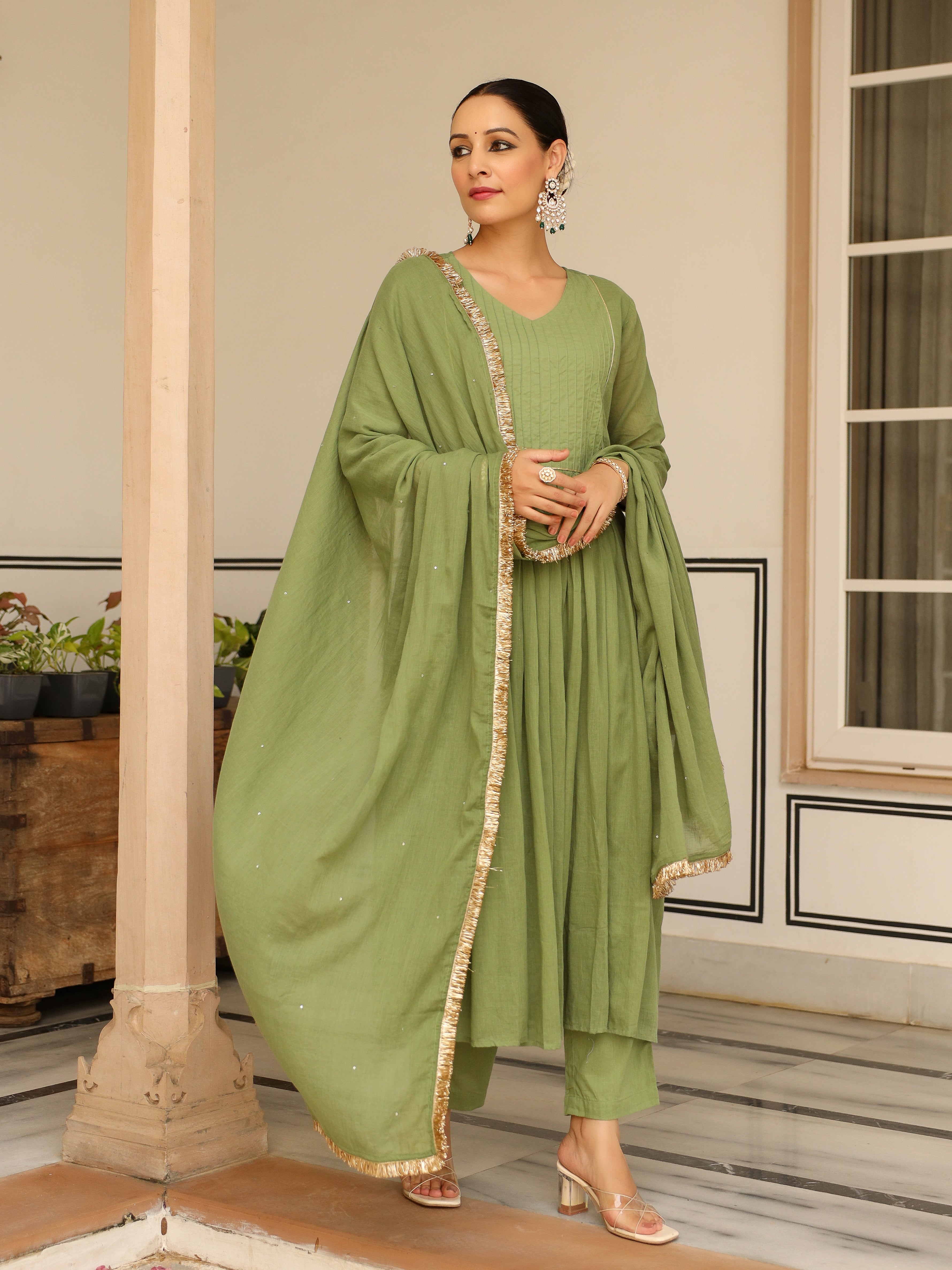 Light green pintucks mulmul cotton kurta set with trousers and dupatta