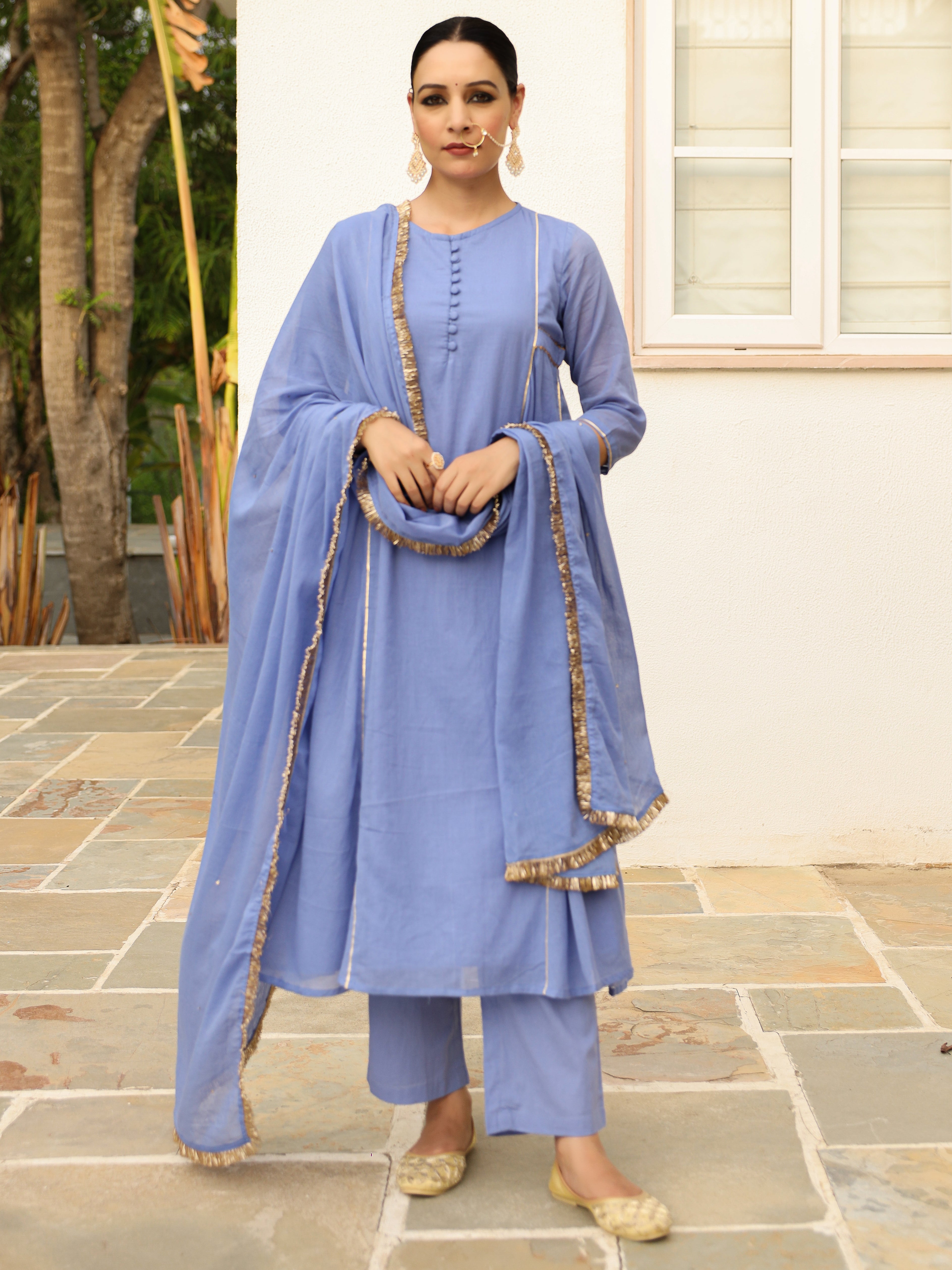 Lavender blue mulmul cotton anarkali kurta set with trousers and dupatta